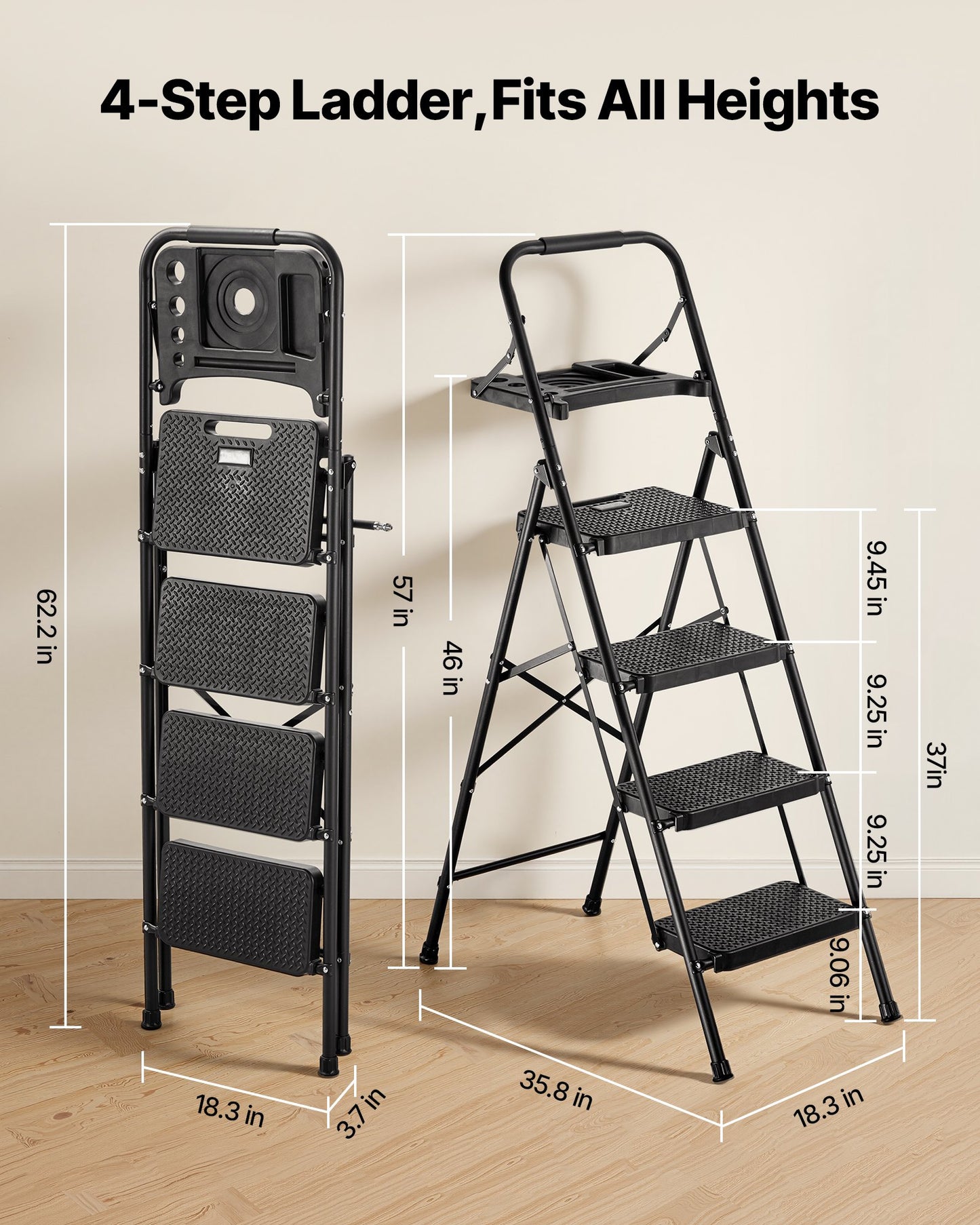 4-Step Folding Ladder with Anti-Slip Pedal and Tool Tray - Heavy Duty Steel, Black