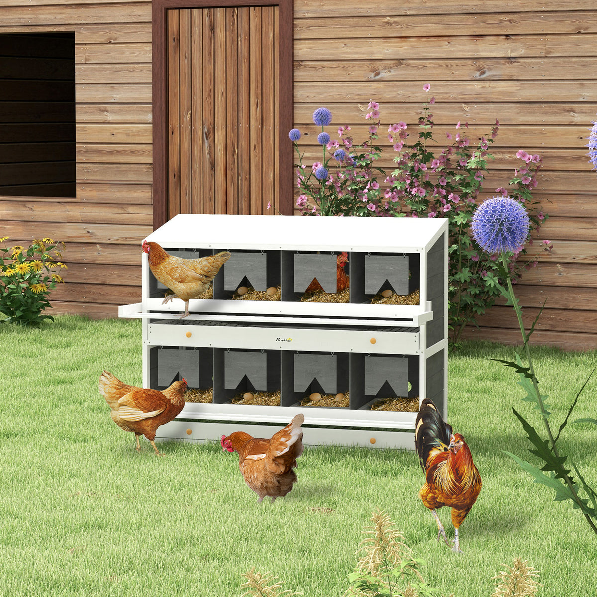 Wooden Chicken Nesting Box with 8 Compartments, Egg Collection Trays & Perches for 16-32 Hens