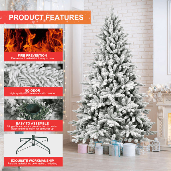 7ft Snowy Flocked Christmas Tree with 1514 Tips - Full Artificial Holiday Decor