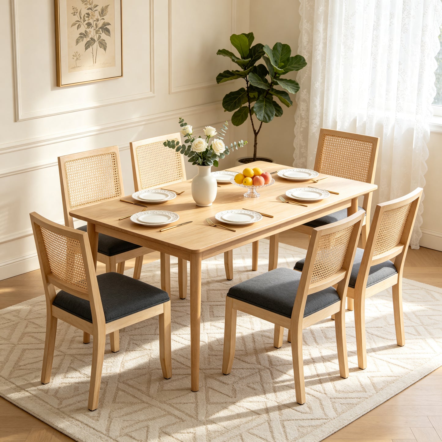 Mid Century Modern Rattan Dining Chairs Set of 2 - Grey