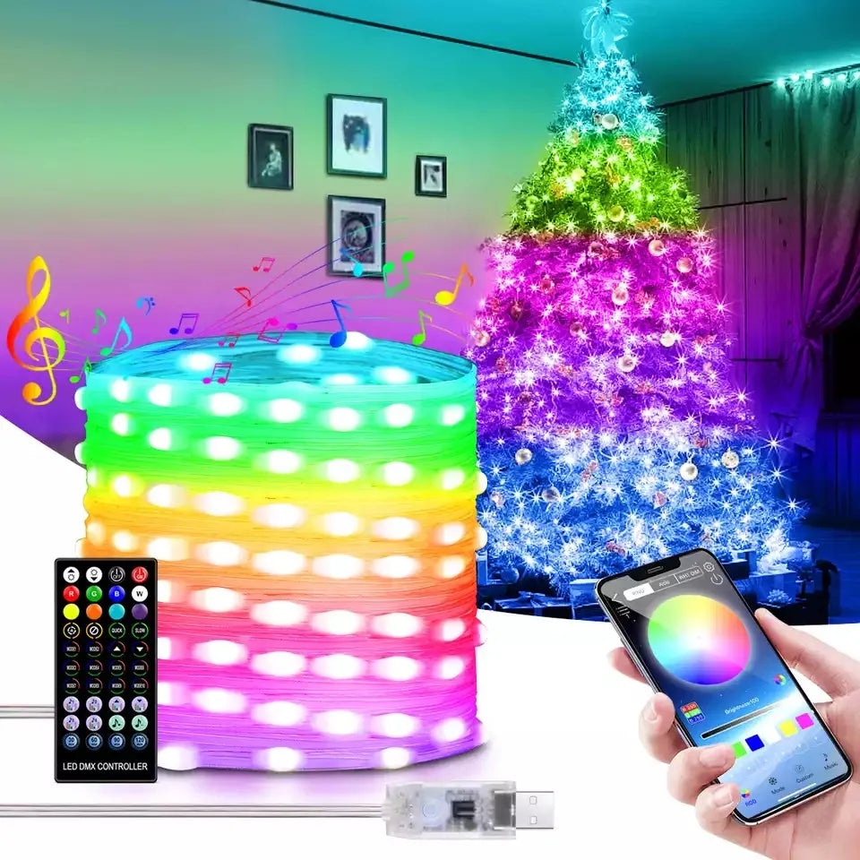 Outdoor RGB LED Rope Lights with Remote Control - 200 LEDs, Plug-In, Durable String Lighting