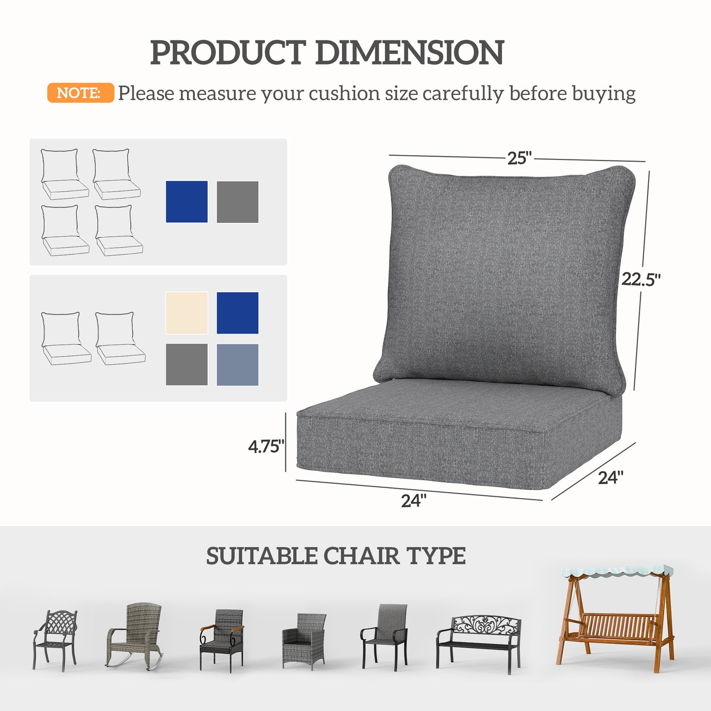 Outdoor Chair Cushion Set with Backrest – Gray, Fade Resistant