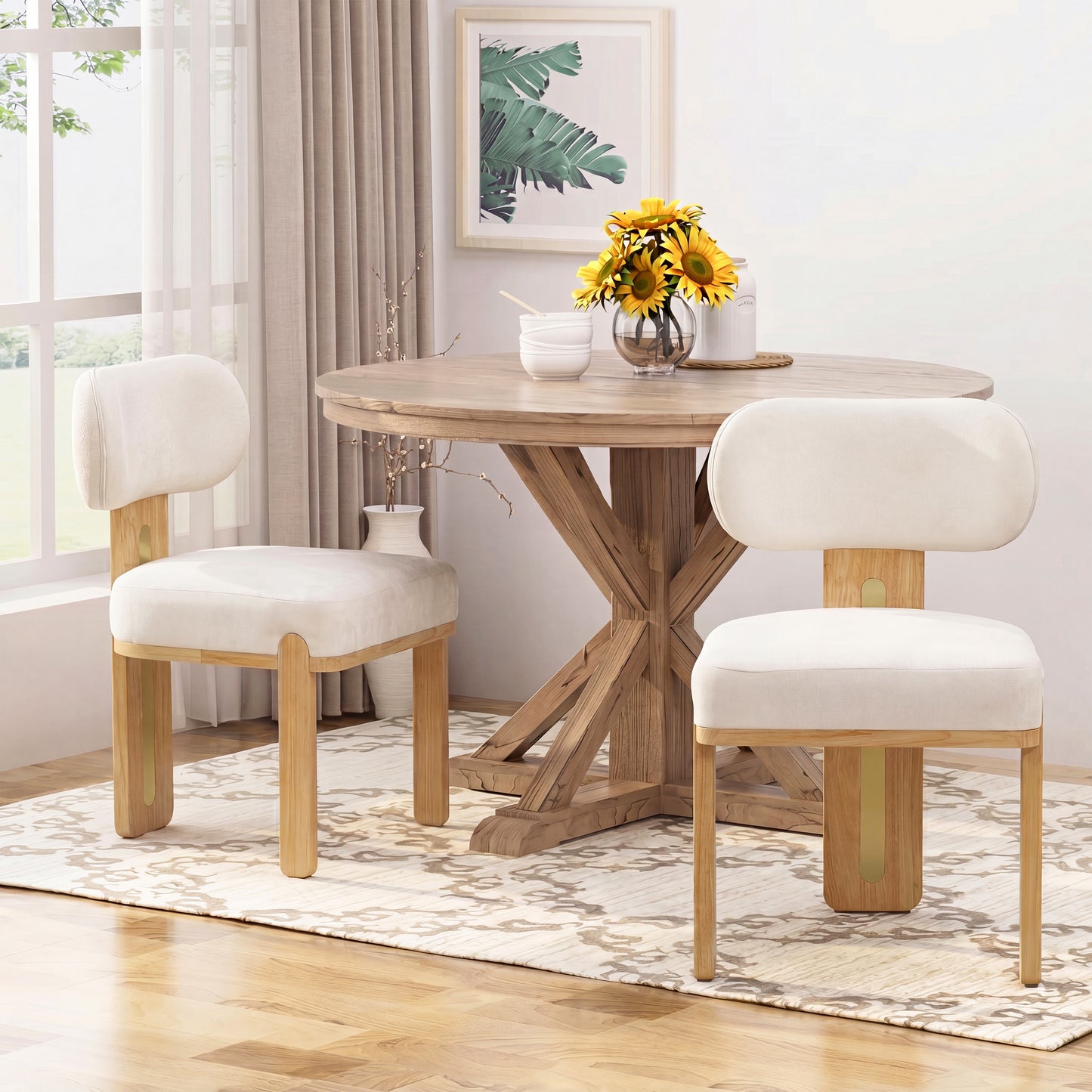Modern Round Upholstered Dining Chair Set - Beige & Natural