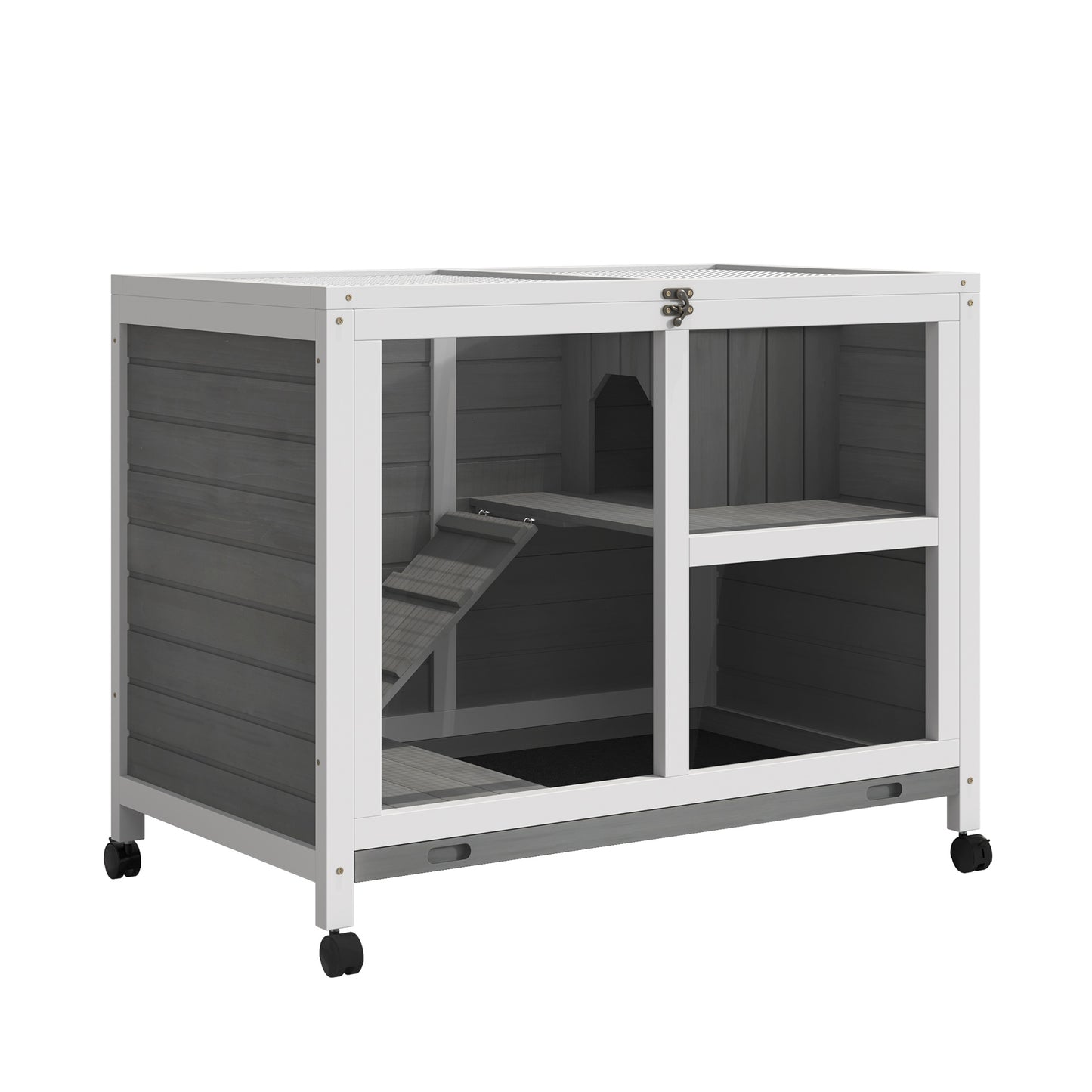 Pet Rabbit Hutch on Wheels - Compact Wooden Cage with Plexiglass Window & Open Roof