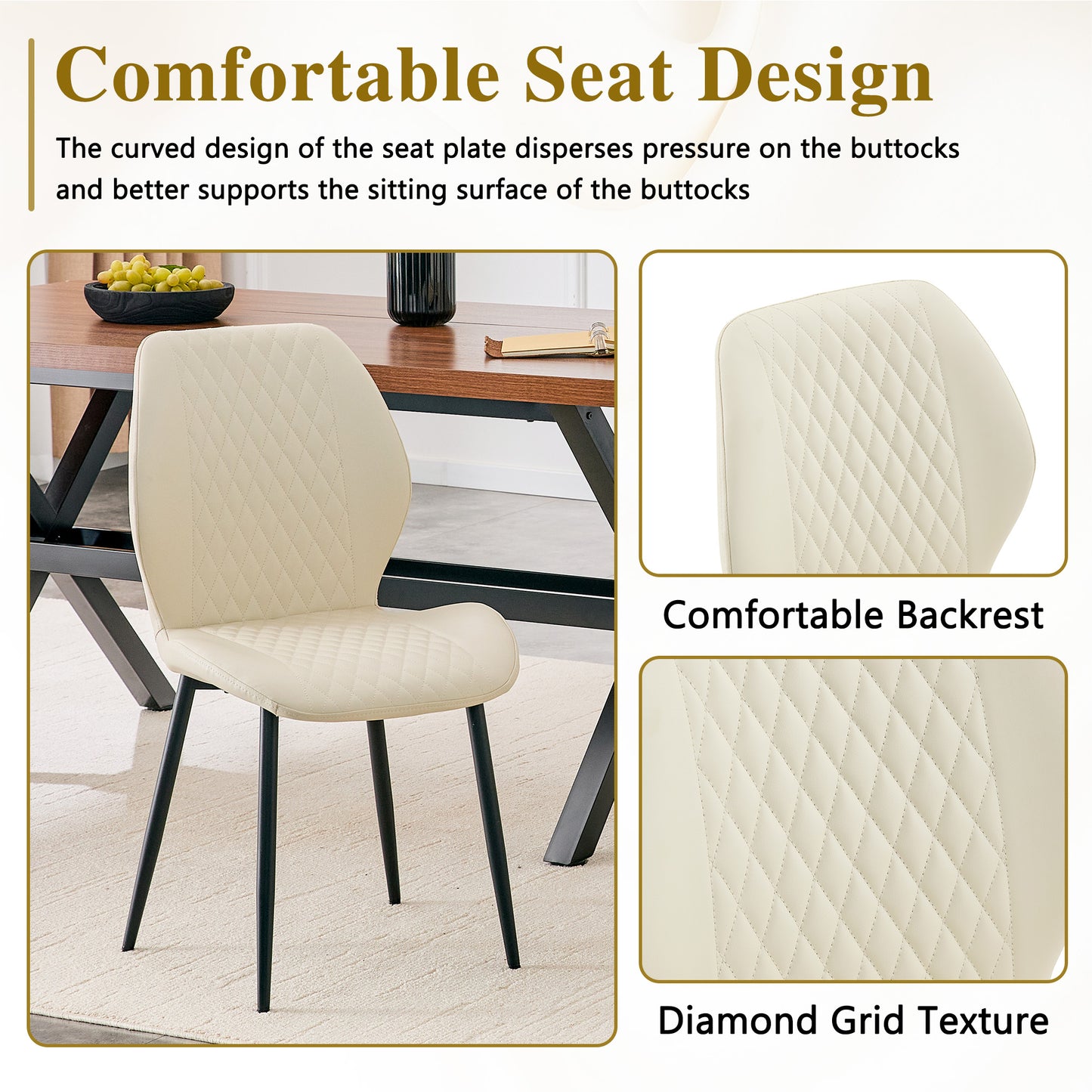 Set Of 4 Modern Light Luxury White Diamond-quilted PU Chairs With