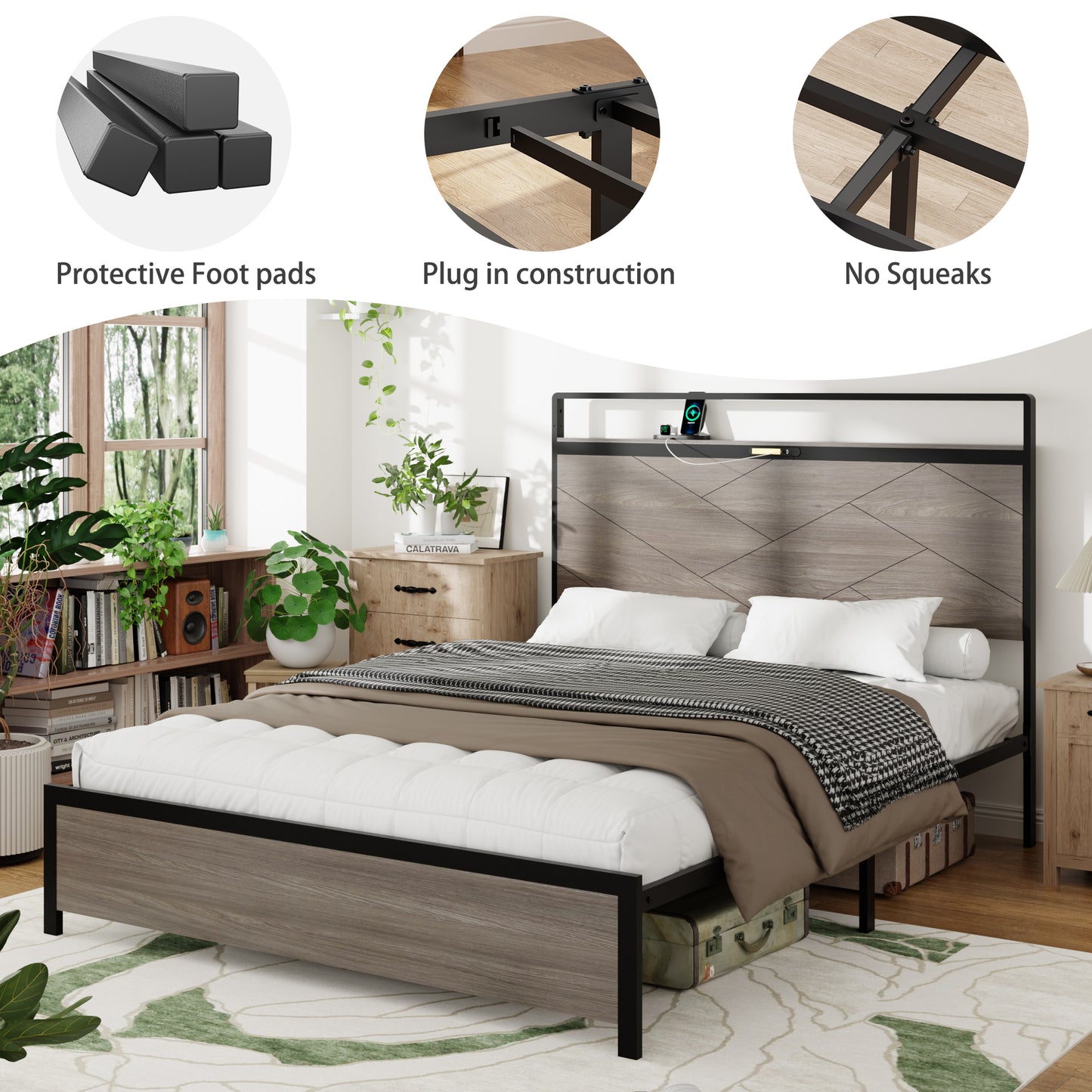 Full Metal Bed Frame with LED Headboard & USB Charging - Antique Gray