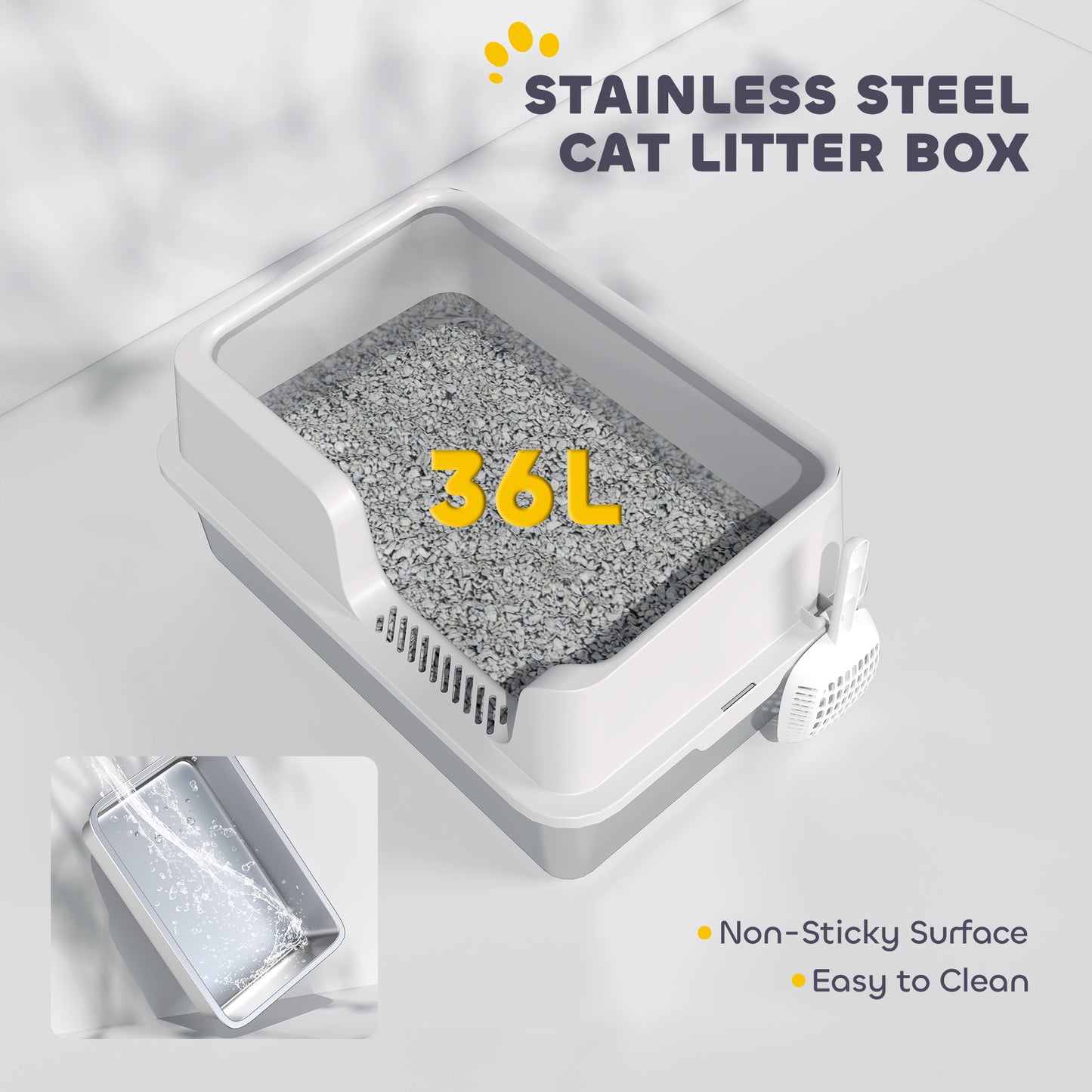 Stainless Steel Cat Litter Box with High Sides & Scoop - Light Gray