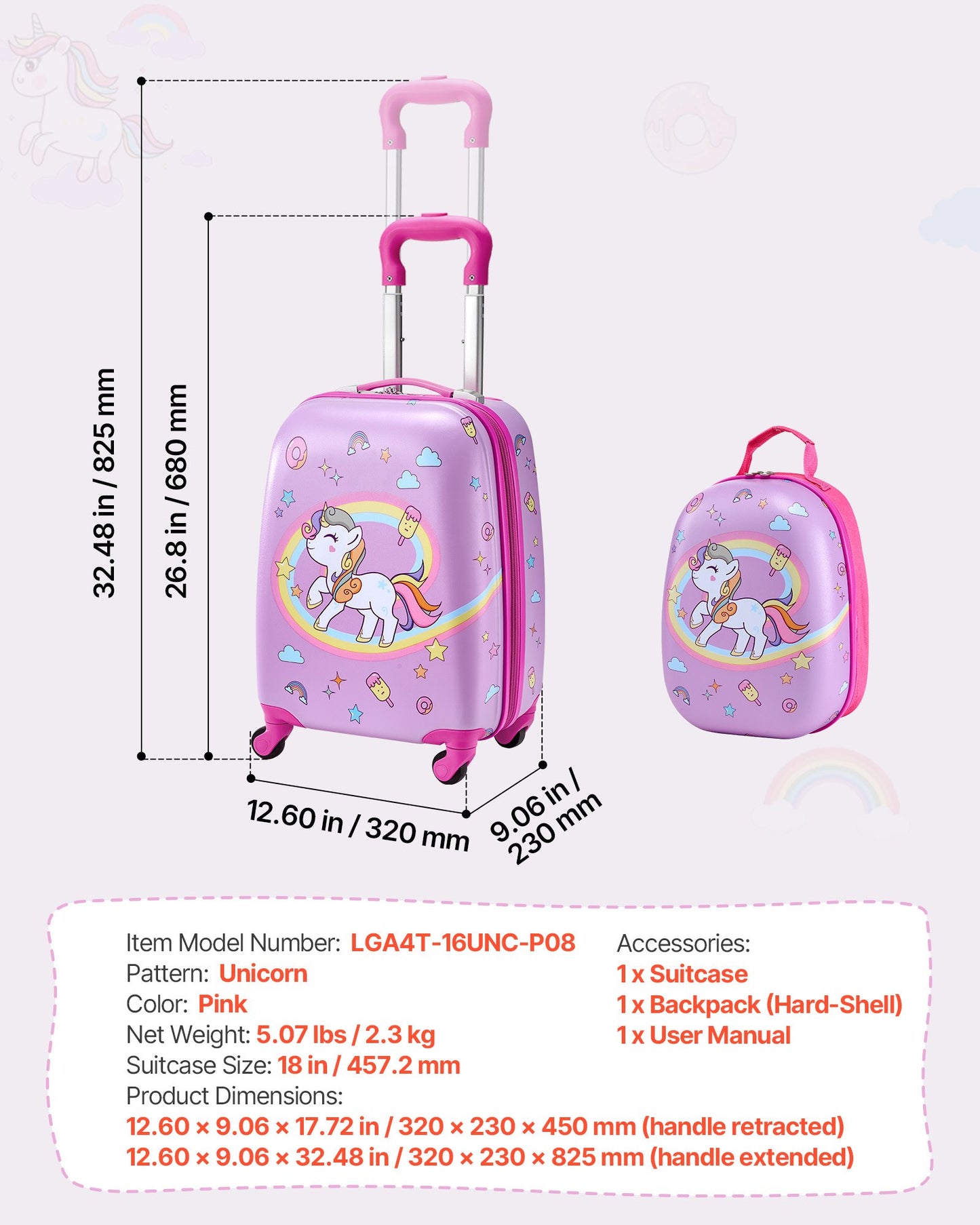 Kids Luggage Set 2-Piece 18 Inch Hard Shell Suitcase with Backpack - Unicorn Travel Gift