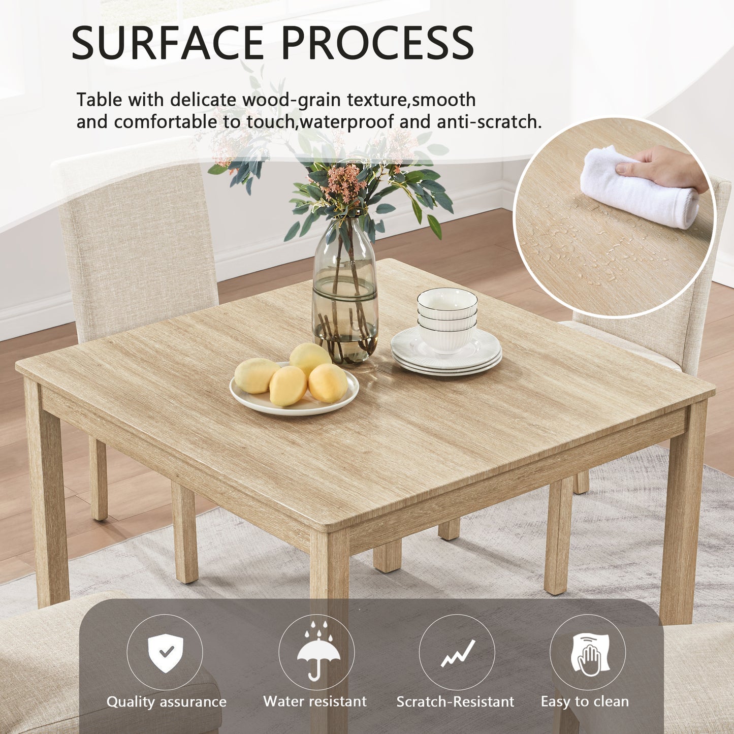 5-Piece Dining Table Set with 4 Chairs - Light Oak