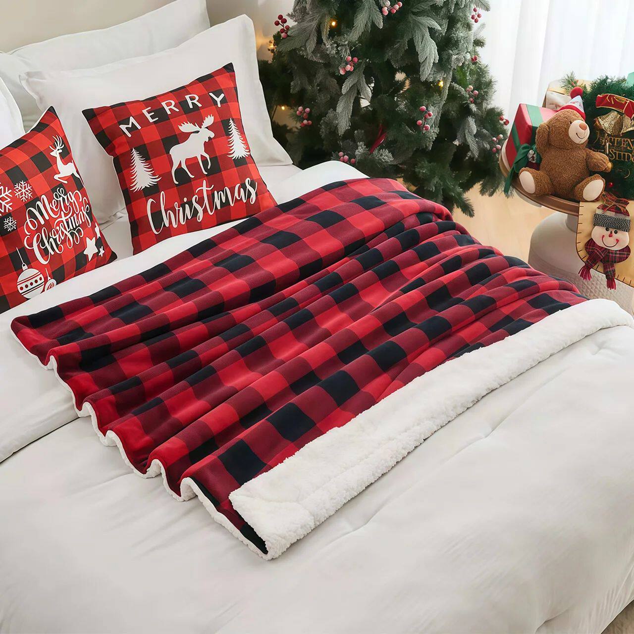 Cozy Sherpa Fleece Buffalo Plaid Blanket - Multiple Sizes & All Seasons