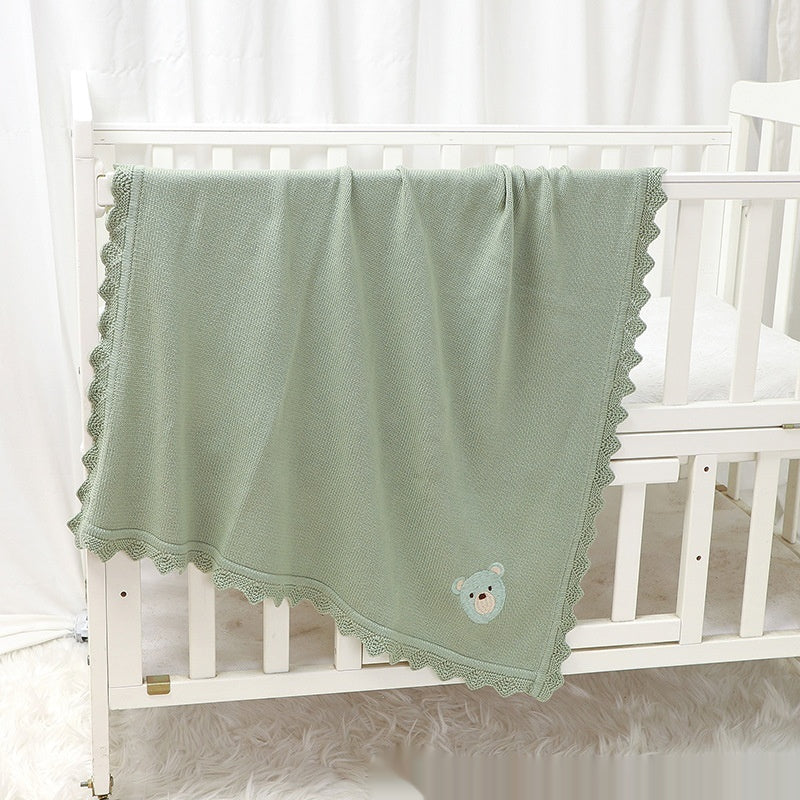 Infant Knitted Bear Embroidery Blanket - Soft Cotton Baby Covering