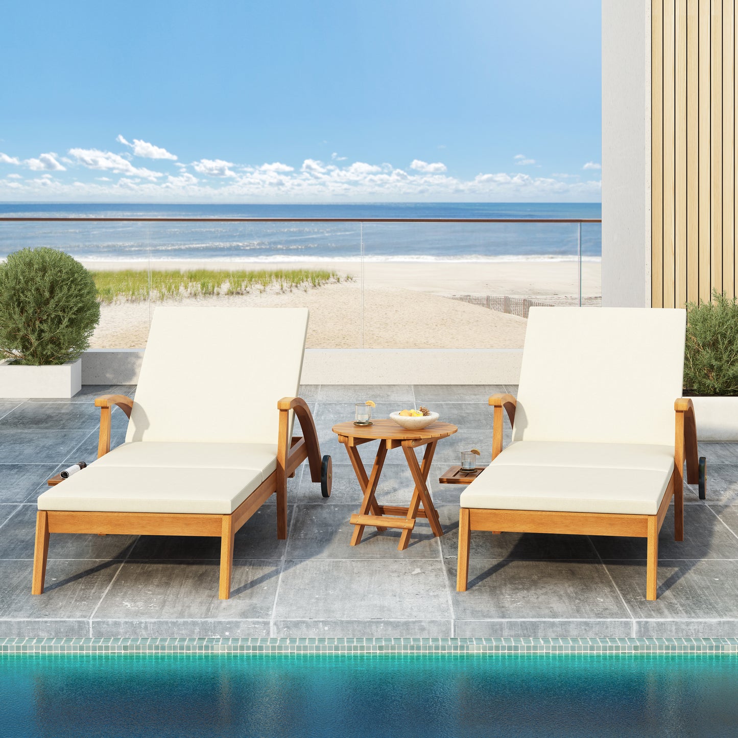 OUTDOOR RECLINER SIDE TABLE SET - COMES WITH 2 INCH CUSHION AND