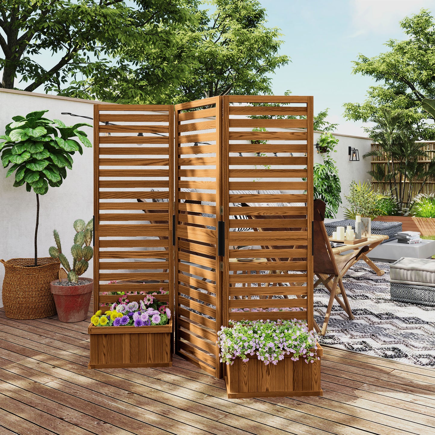 Wooden Garden Trellis with 4 Planter Boxes - Natural 62.5 x 19 x 66 Inches