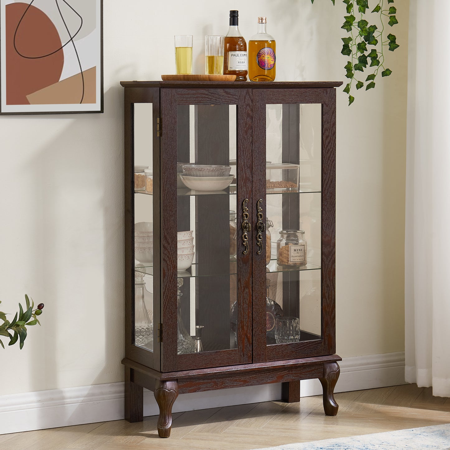 Lighted Curio Cabinet with Glass Doors & Adjustable Shelves - Cherry