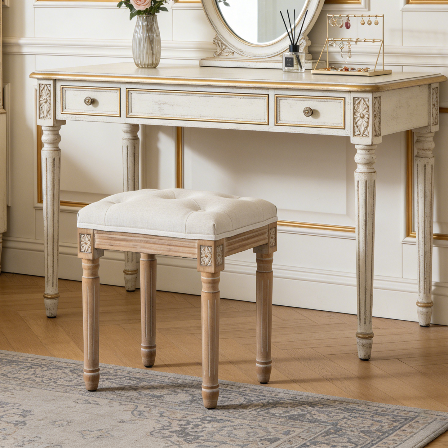 Tufted Vanity Stool with Linen Upholstery and Solid Wood Legs - Beige