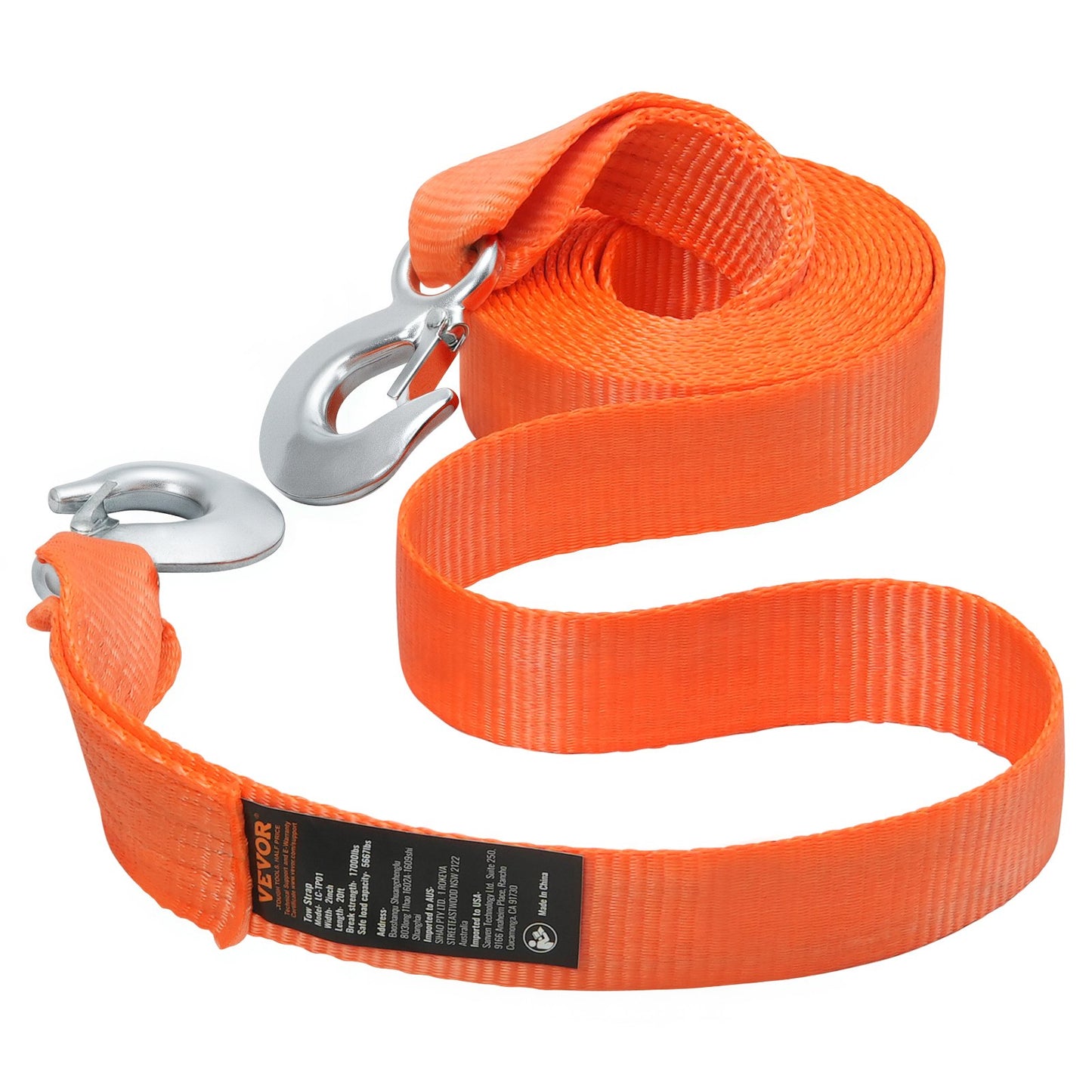 Heavy-Duty Tow Rope 17000 Lb Capacity 20 Ft Car Tow Cable with Hooks - Orange