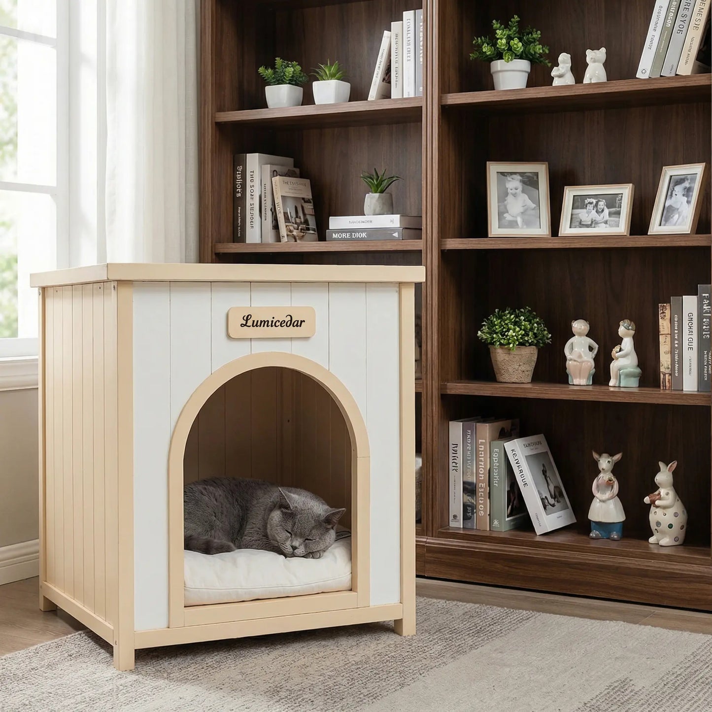 Indoor Wooden Dog House with Removable Cushion - Small Pet Shelter, Scandinavian Design