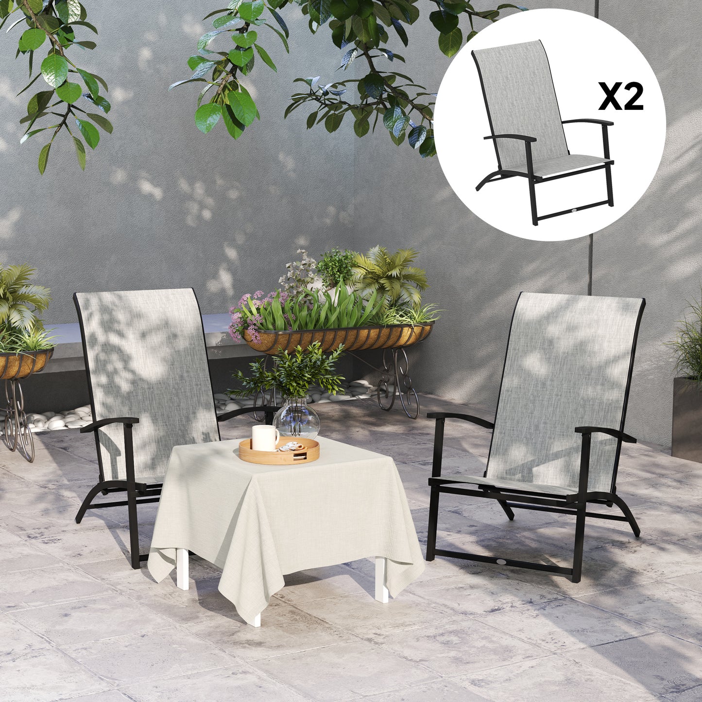 Set of 2 Folding Outdoor Dining Chairs - High Back & Armrests, Gray