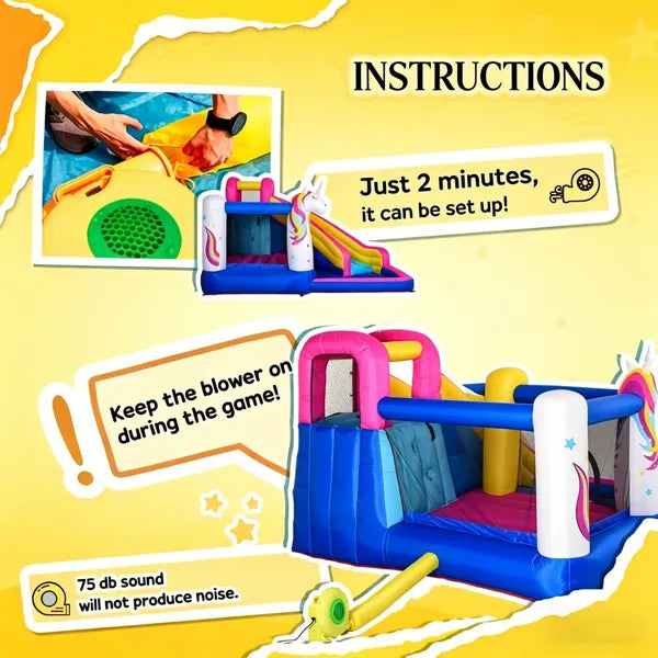 Unicorn Inflatable Bounce House with Slide & Pool - Ages 3-8