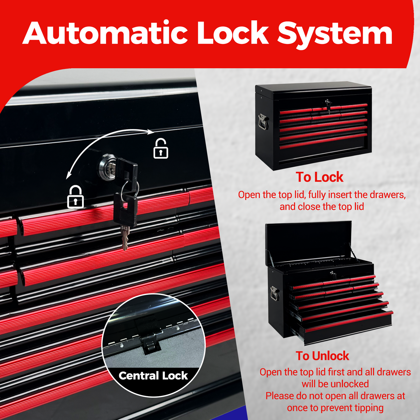 Heavy Duty Metal Tool Box 24 Inch with 9 Drawers & Locking Mechanism - Black