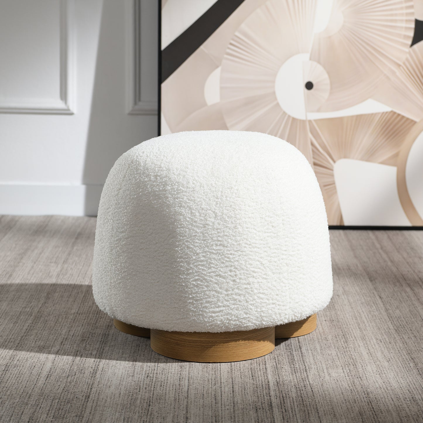 Fully Assembled Round Soft Teddy Fabric Upholstered Ottoman,