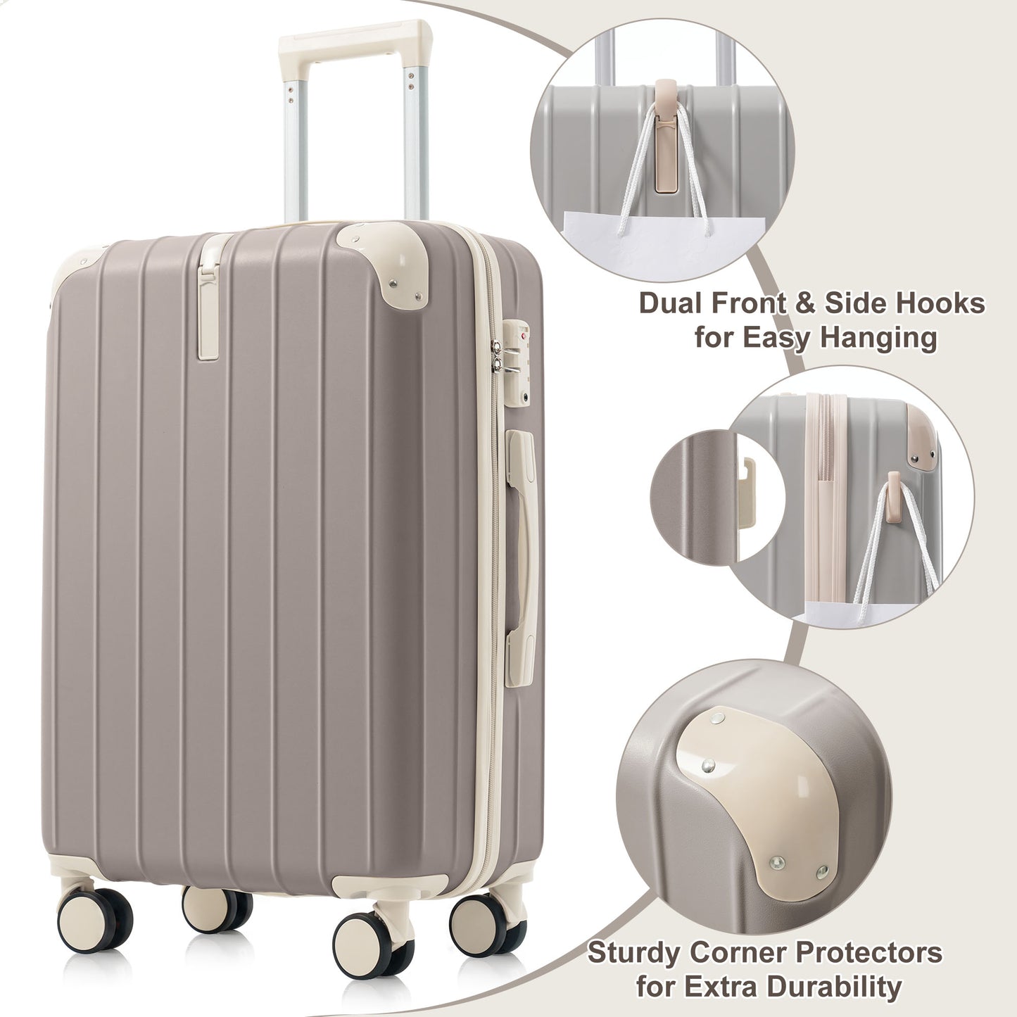 Premium ABS Travel Luggage Set - 3-Piece with TSA Lock, Light Grey