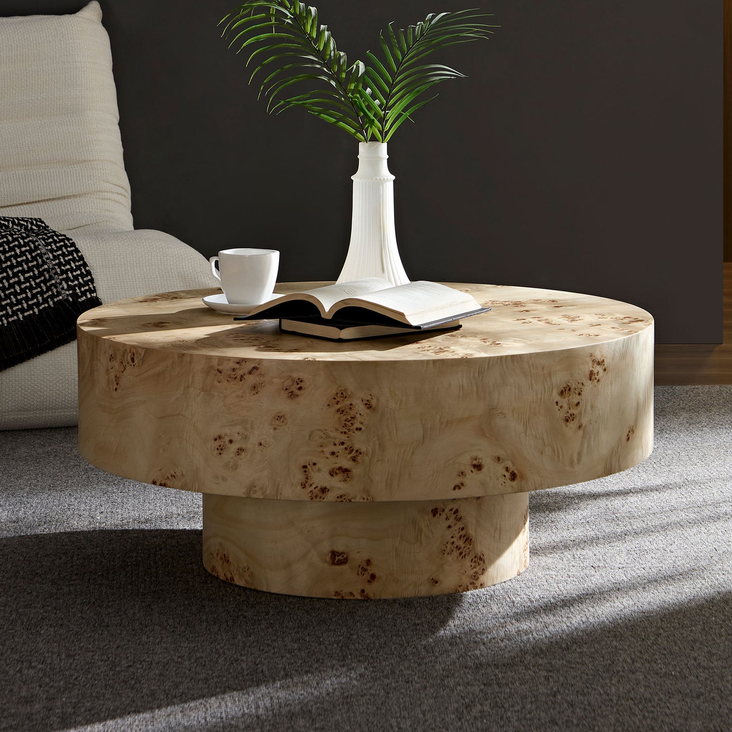 Mid Century Modern Round Wood Coffee Table with Burl Veneer - Natural