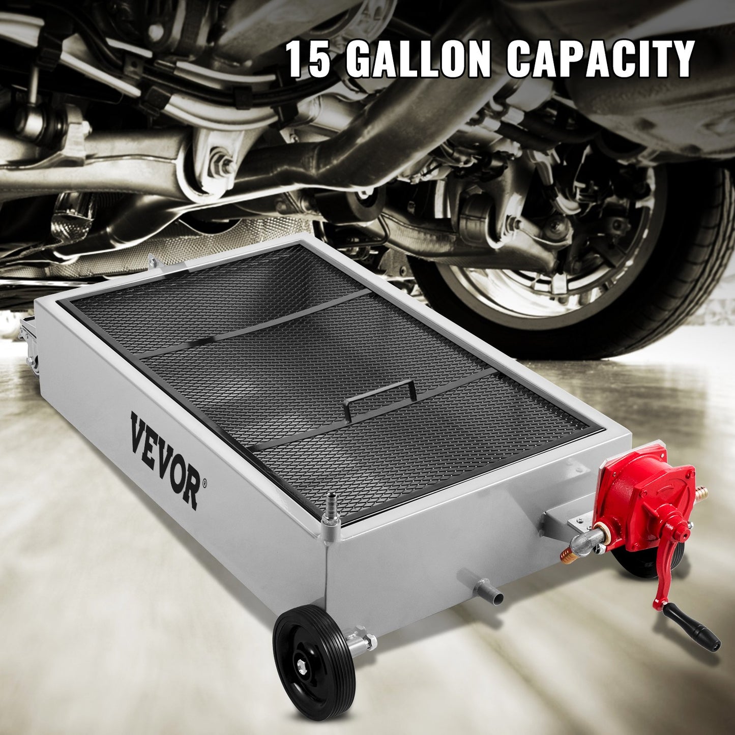 15-Gallon Oil Drain Pan with Pump and Swivel Casters - Low Profile Fluid Collector