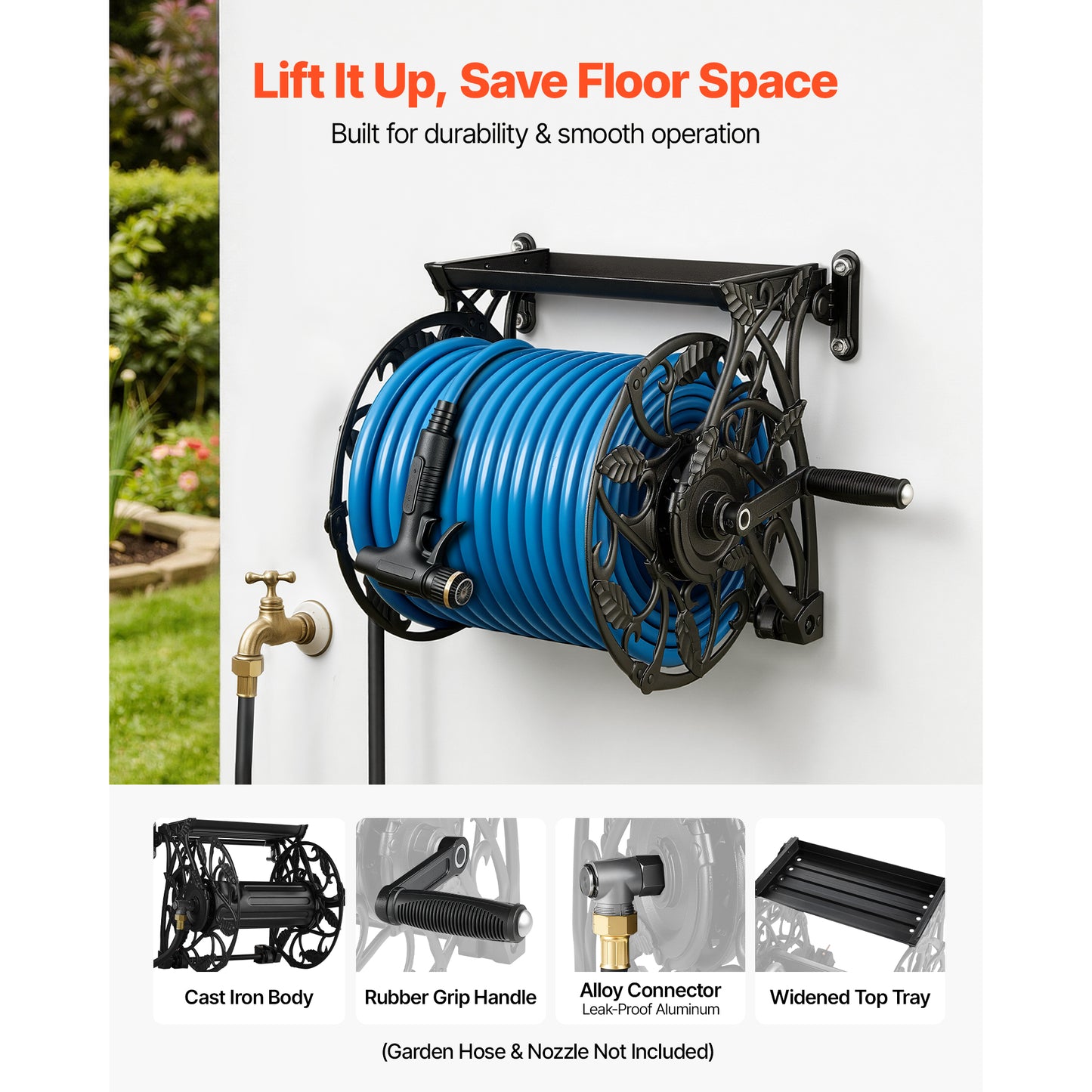 Wall Mounted Garden Hose Reel Holds 135 Feet 5/8 Inch Hose Heavy Duty Water Hose Organizer with Widened Tray