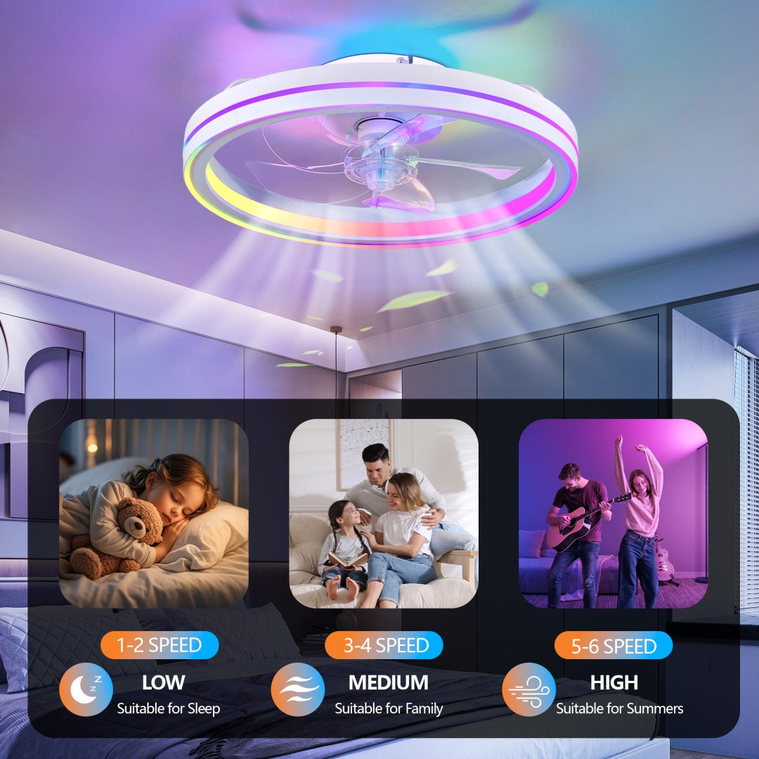 19in RGB Ceiling Fan with Lights Remote App Control Modern Low Profile Flush Mount
