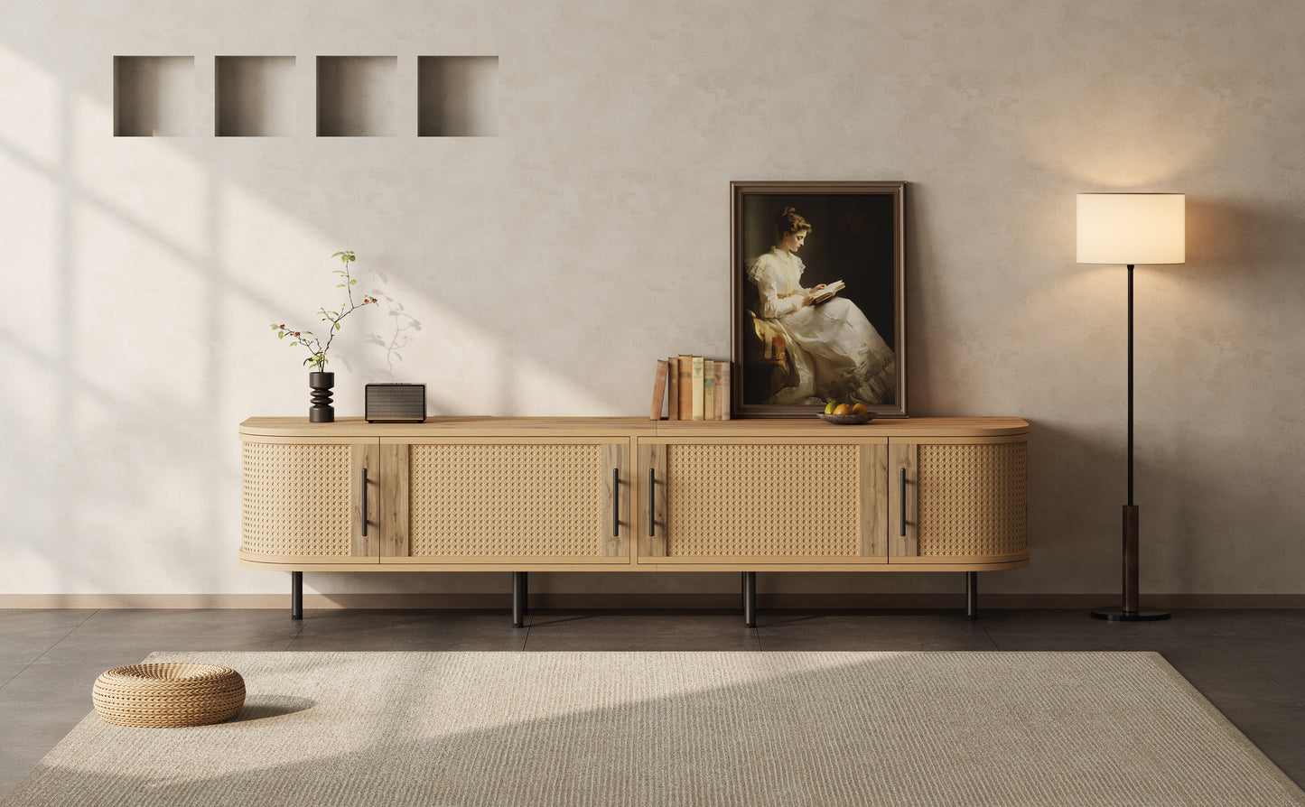 70-Inch Modern TV Stand with Rattan Doors for 80-Inch TVs