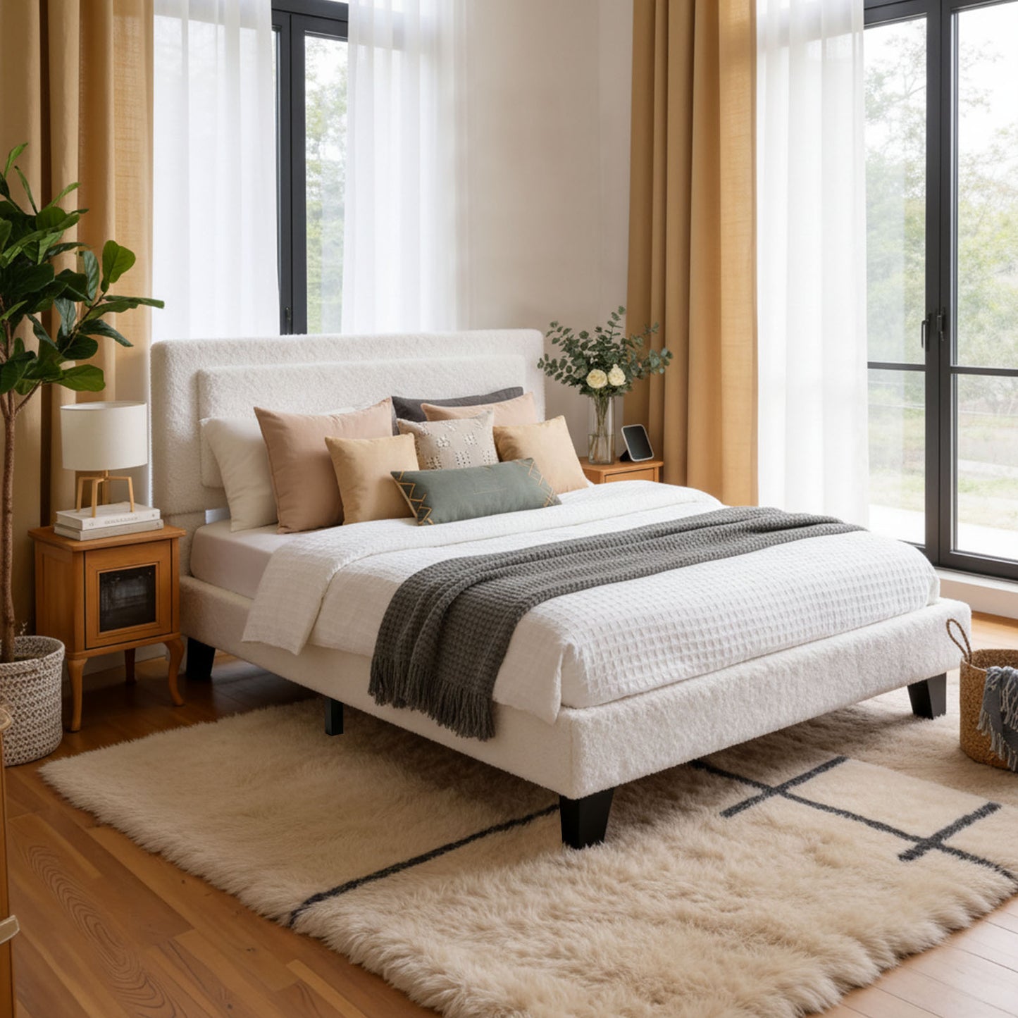 Queen Size Bed Frame Upholstered Platform With Adjustable Headboard