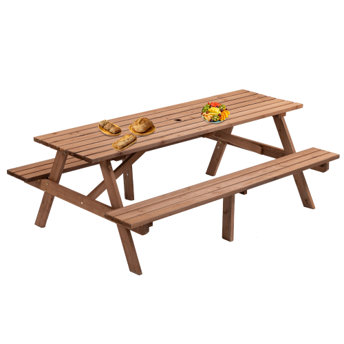 8-Person Brown Wooden Picnic Table with Benches - 2220lb Capacity