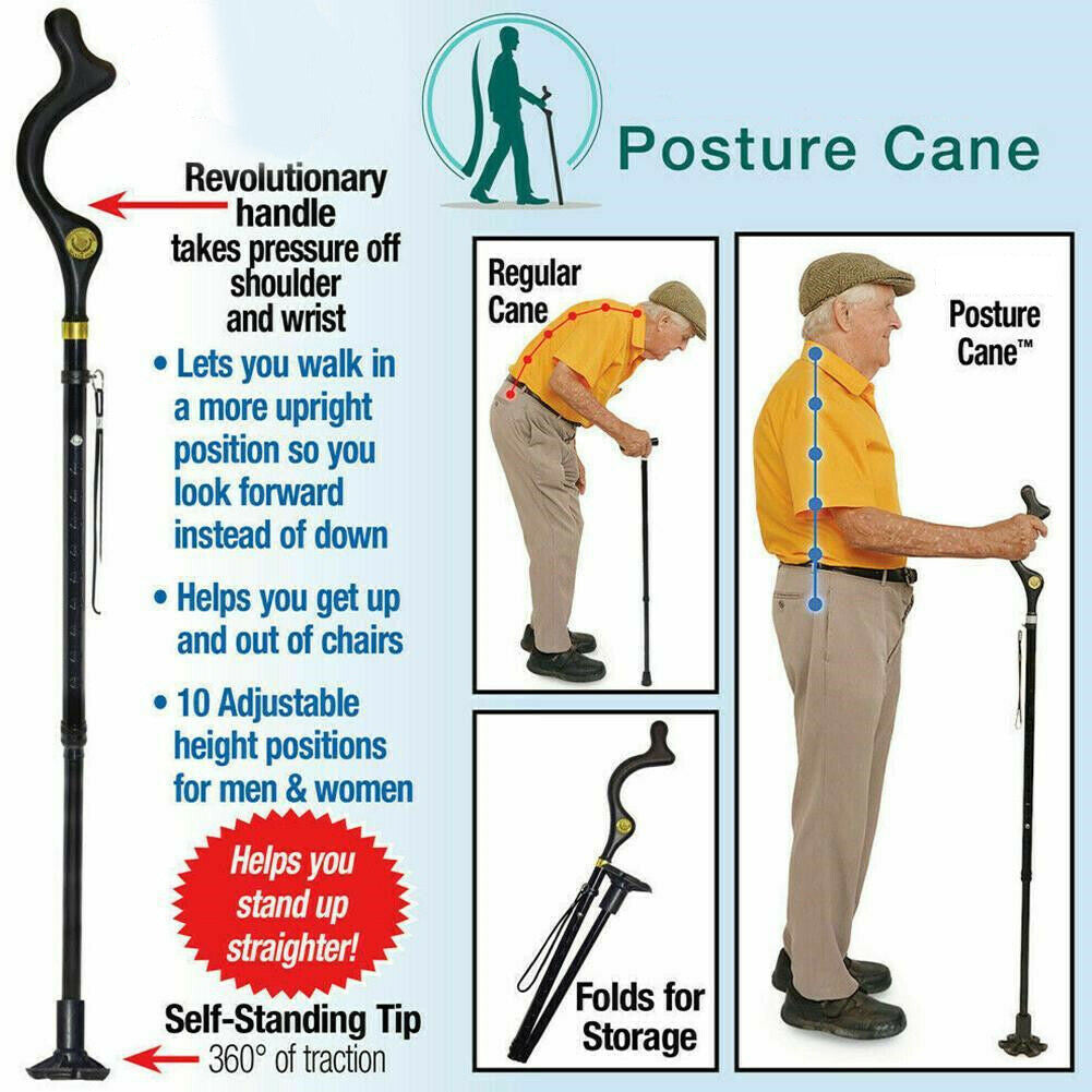 Adjustable Height Folding Walking Stick Cane - Black