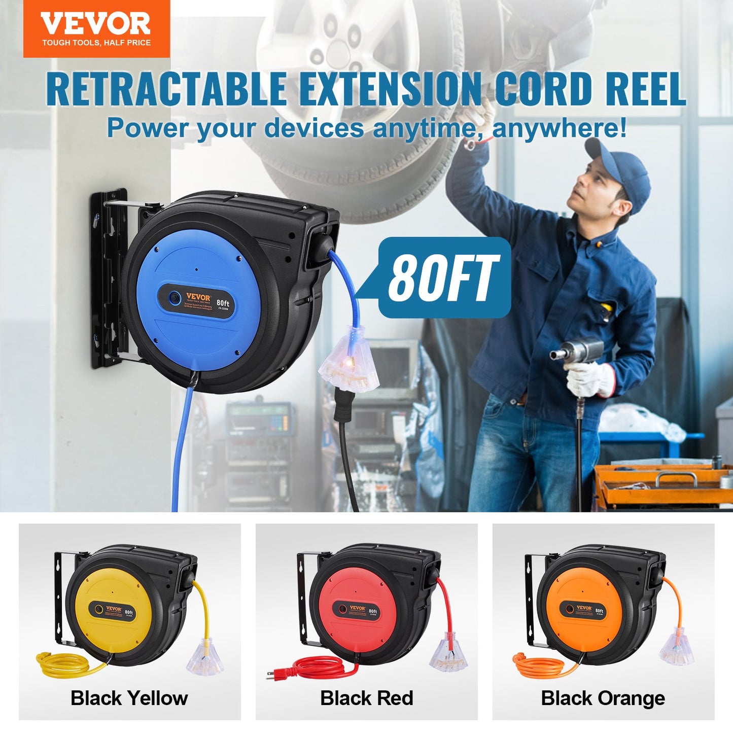 Heavy Duty Retractable Extension Cord Reel 80FT 12AWG Power Reel with Outlet