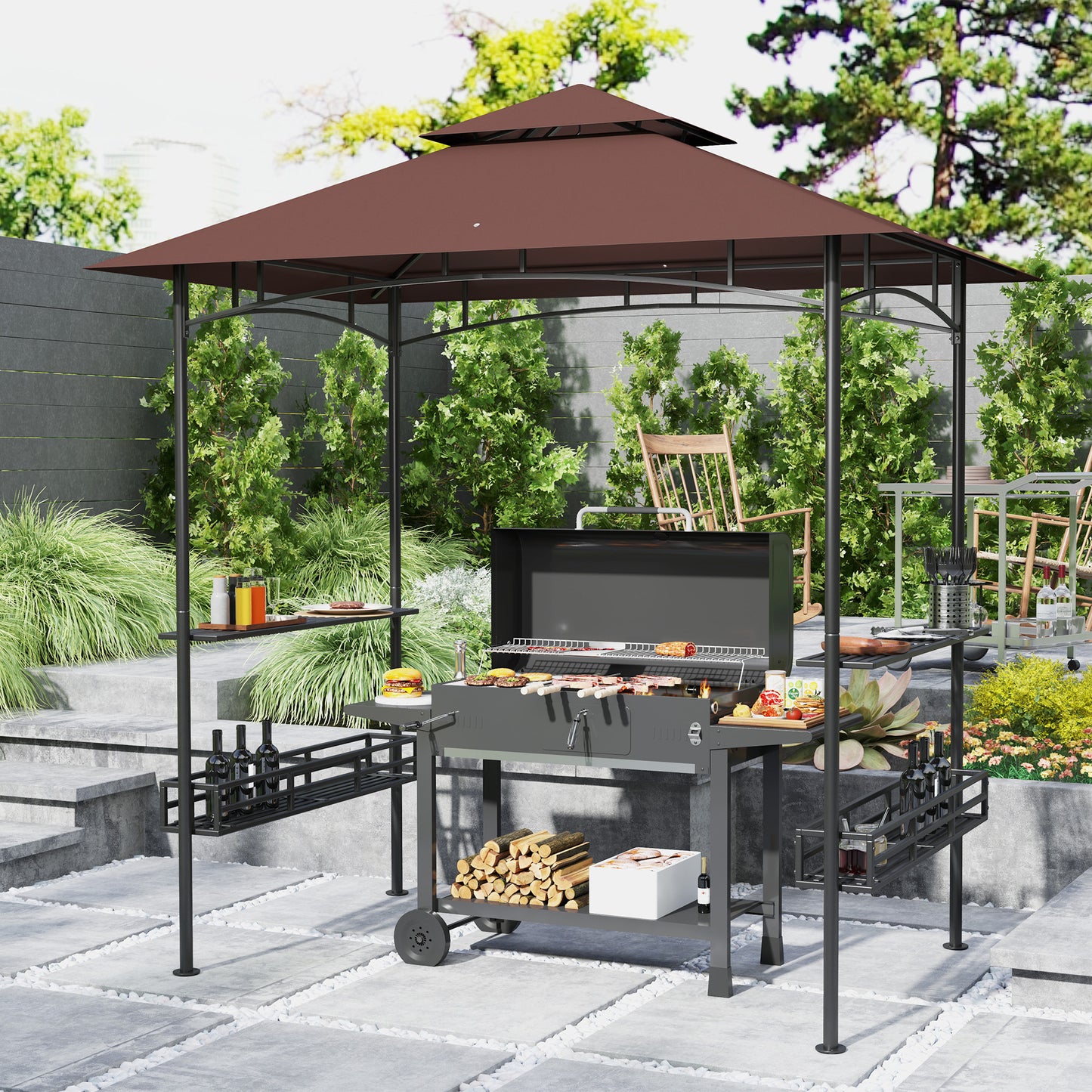 2-Tier BBQ Grill Gazebo with Side Shelves & Storage Baskets - Dark Brown