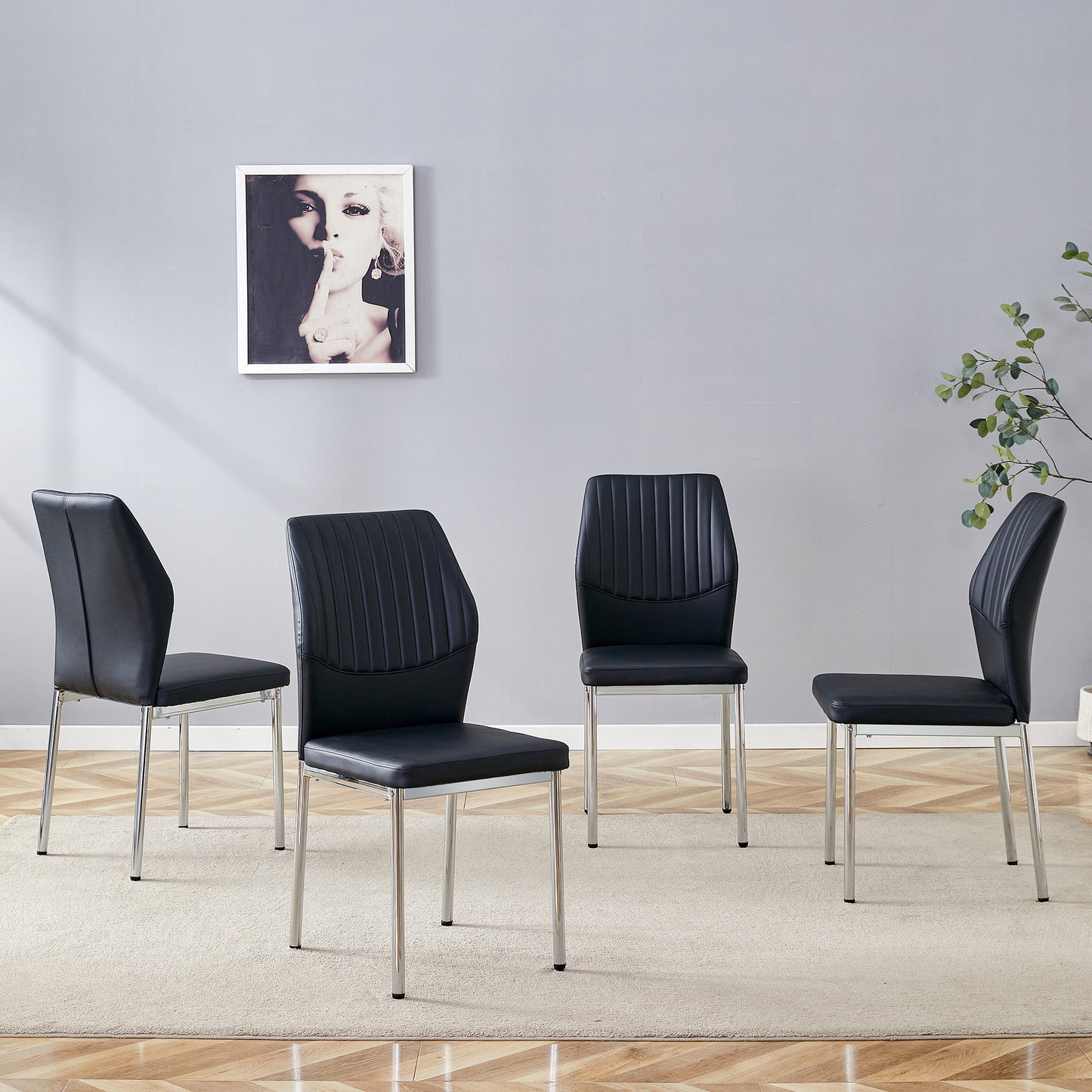 4-piece Set Of Black Silver Light Luxury PU Dining Chairs Ergonomic