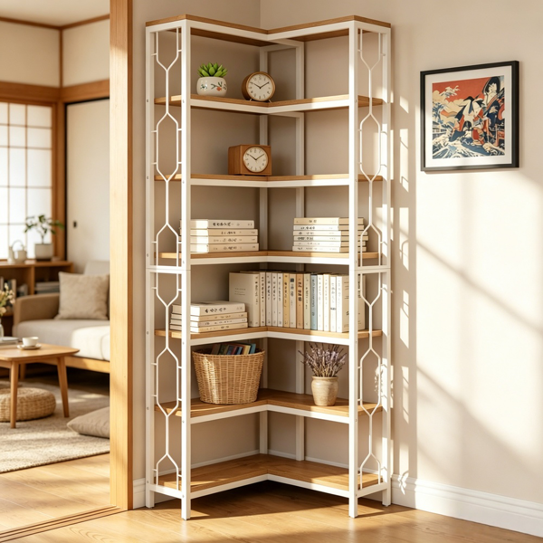 7-Tier Corner Shelf - Space-Saving Hexagonal Bookcase