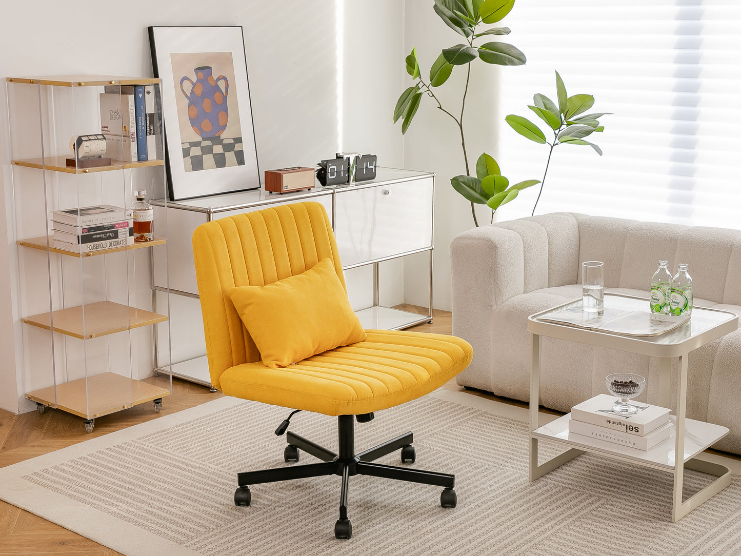 Yellow Linen Criss Cross Office Chair with Wheels - Ergonomic Design