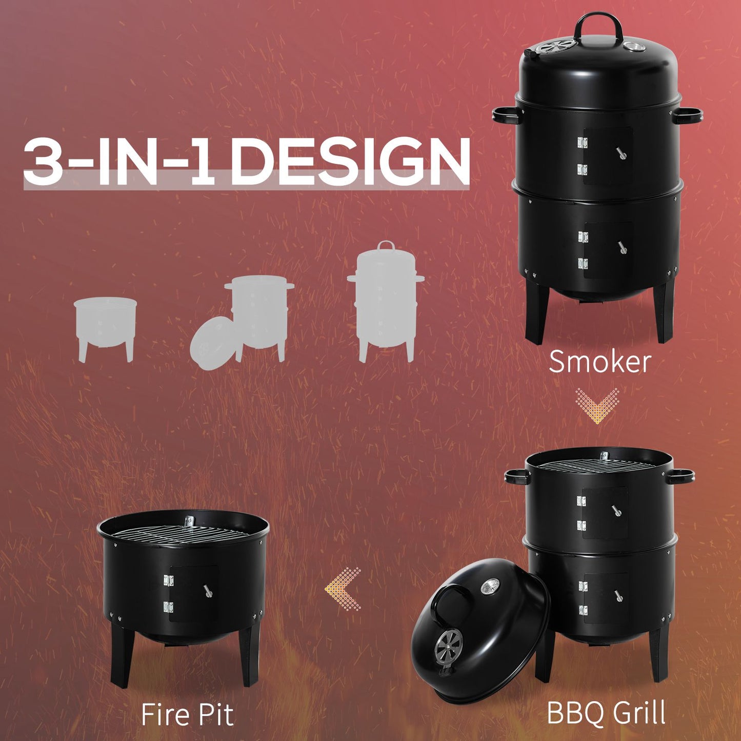 3-in-1 Vertical Charcoal BBQ Smoker Grill with Thermometer