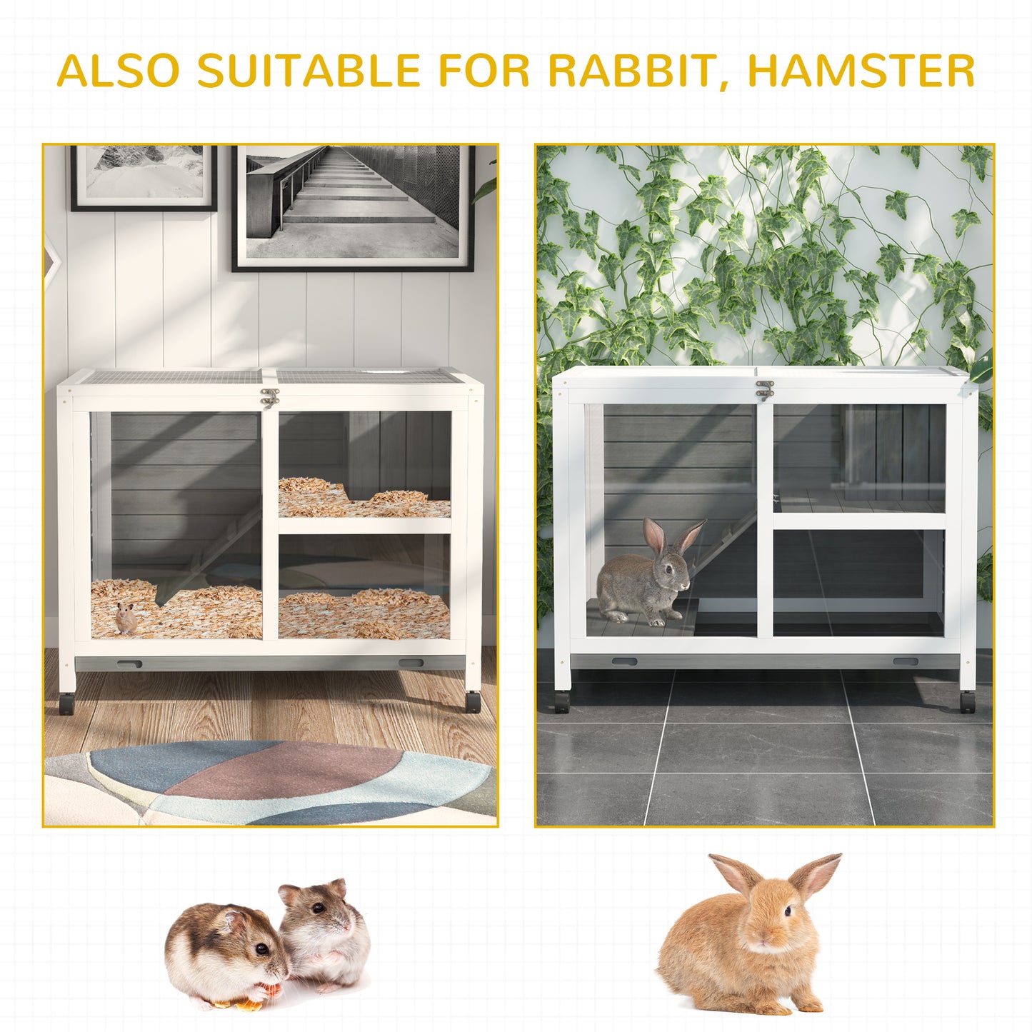 Pet Rabbit Hutch on Wheels - Compact Wooden Cage with Plexiglass Window & Open Roof
