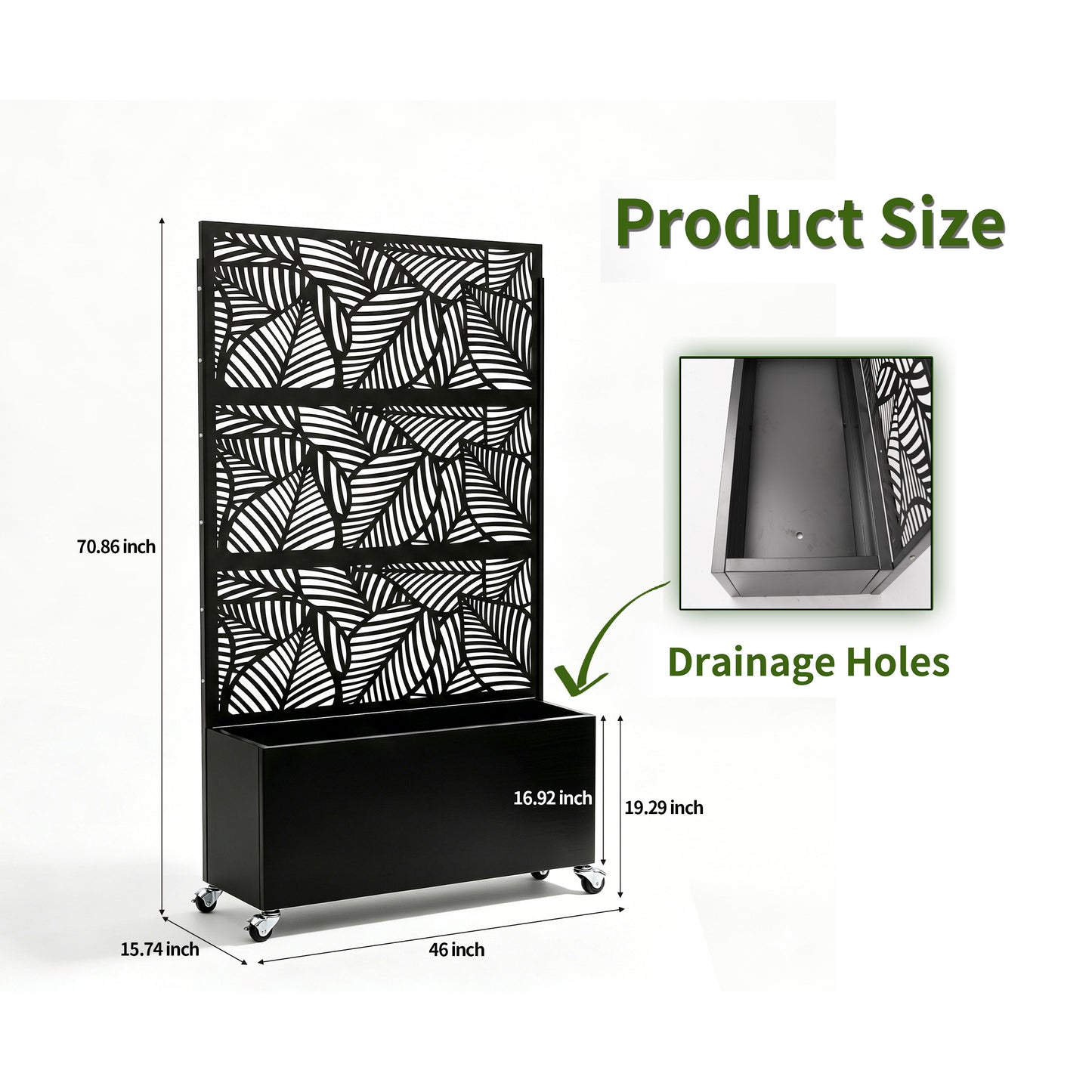 Leaf Pattern Privacy Screen with Planter Box - Black Metal