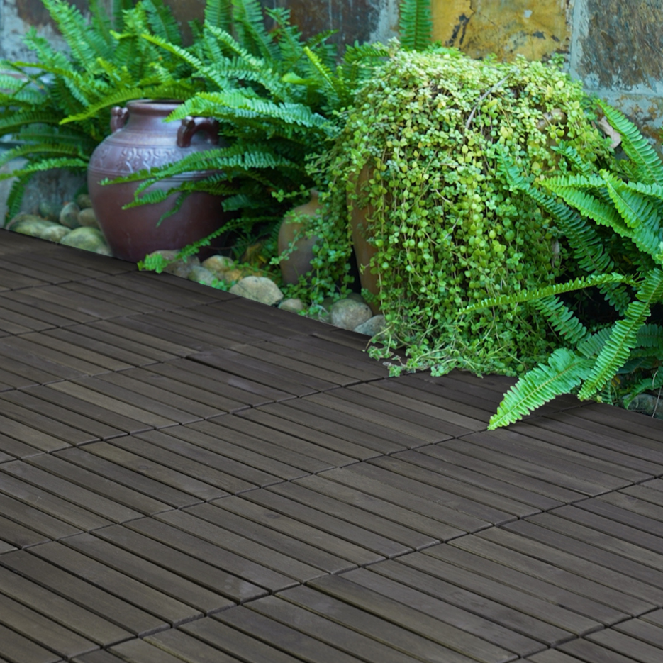 Interlocking Deck Tiles 12x12 Inch Dark Brown Acacia Hardwood Outdoor Flooring - Waterproof & Mold Resistant