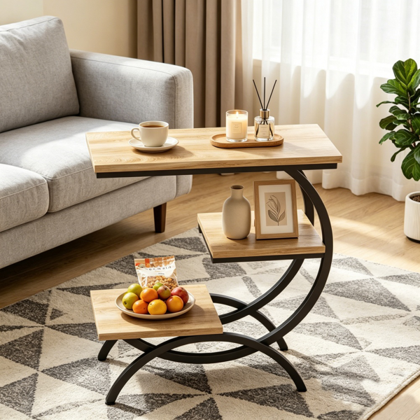 Chic C-Shape End Table with 3-Tier Storage - Rustic Brown