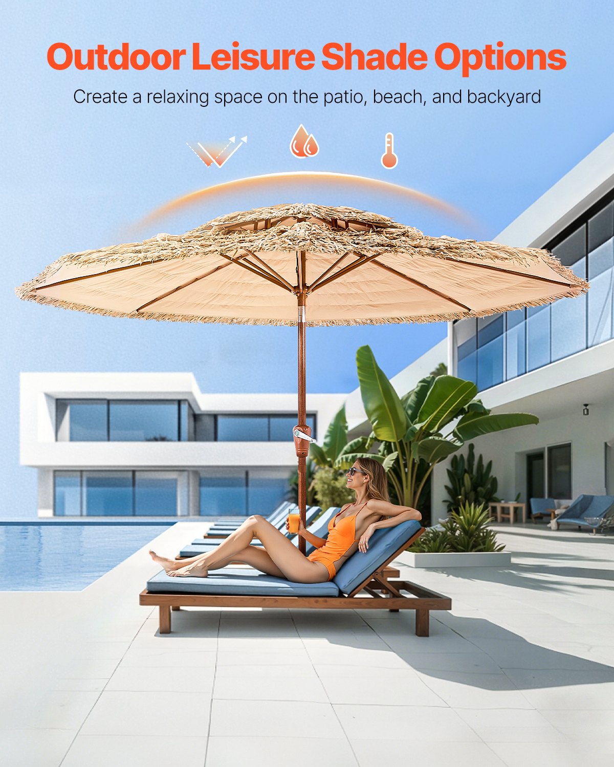 9 Ft Tiki Umbrella Thatched Patio Shade with Tilt - Natural