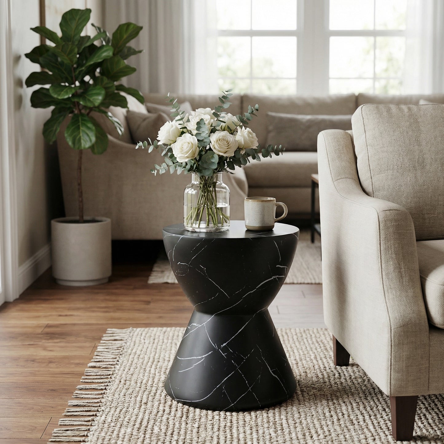 Outdoor Lightweight Concrete Side Table - Black Marble Accent Table