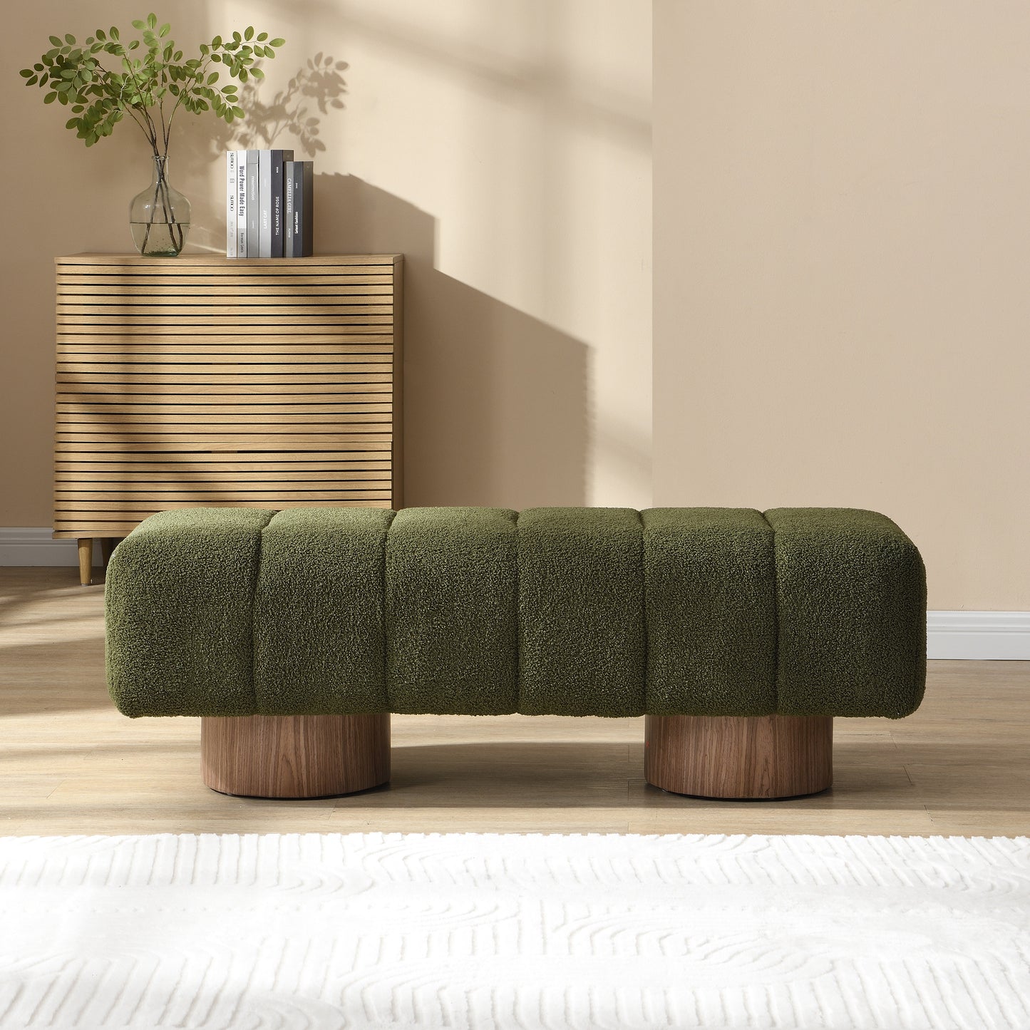 Upholstered Dining Bench - Green Boucle Fabric, No Assembly