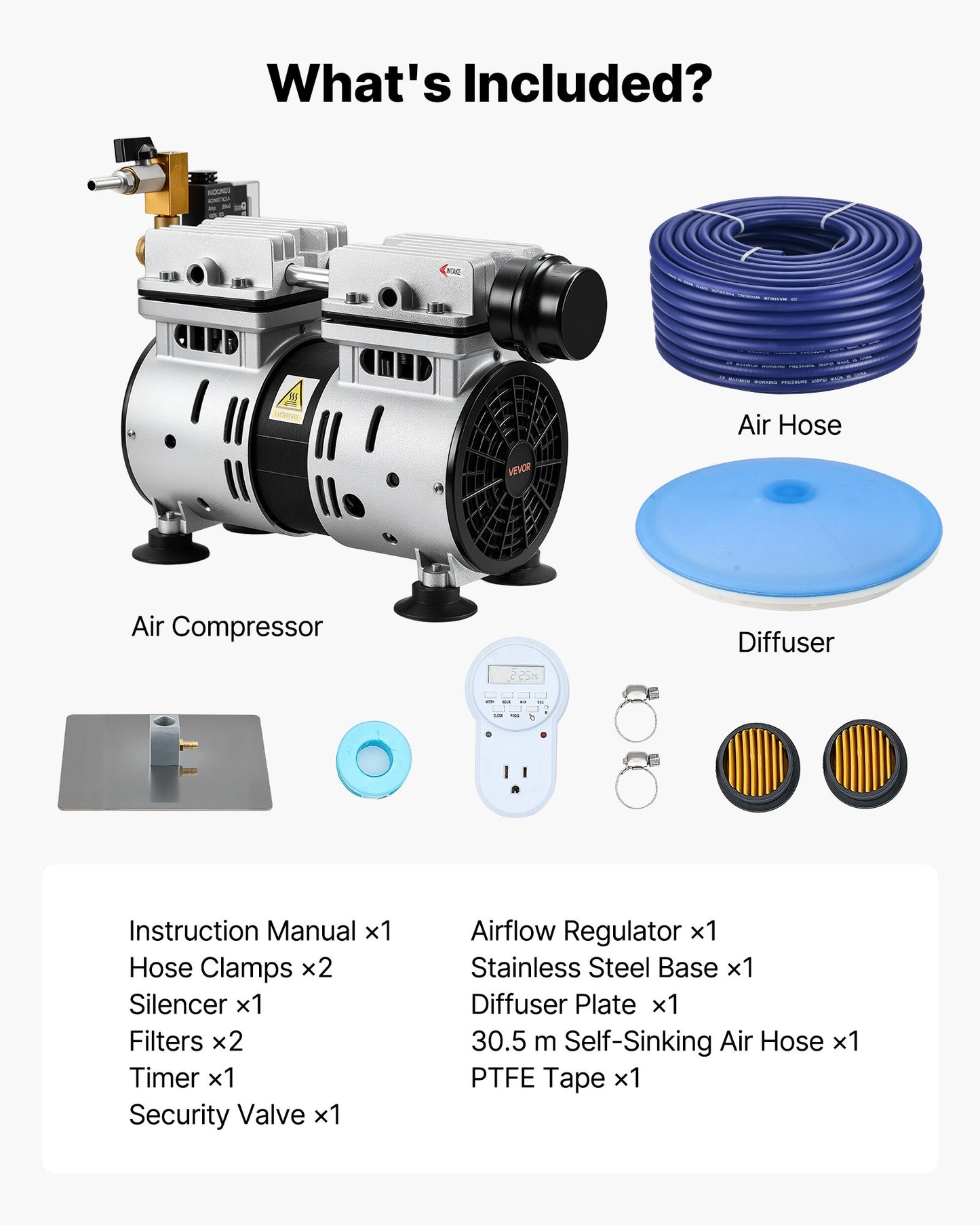 Pond Aerator System for 3 Acres with 5.2 CFM Air Compressor, Diffuser & Tubing