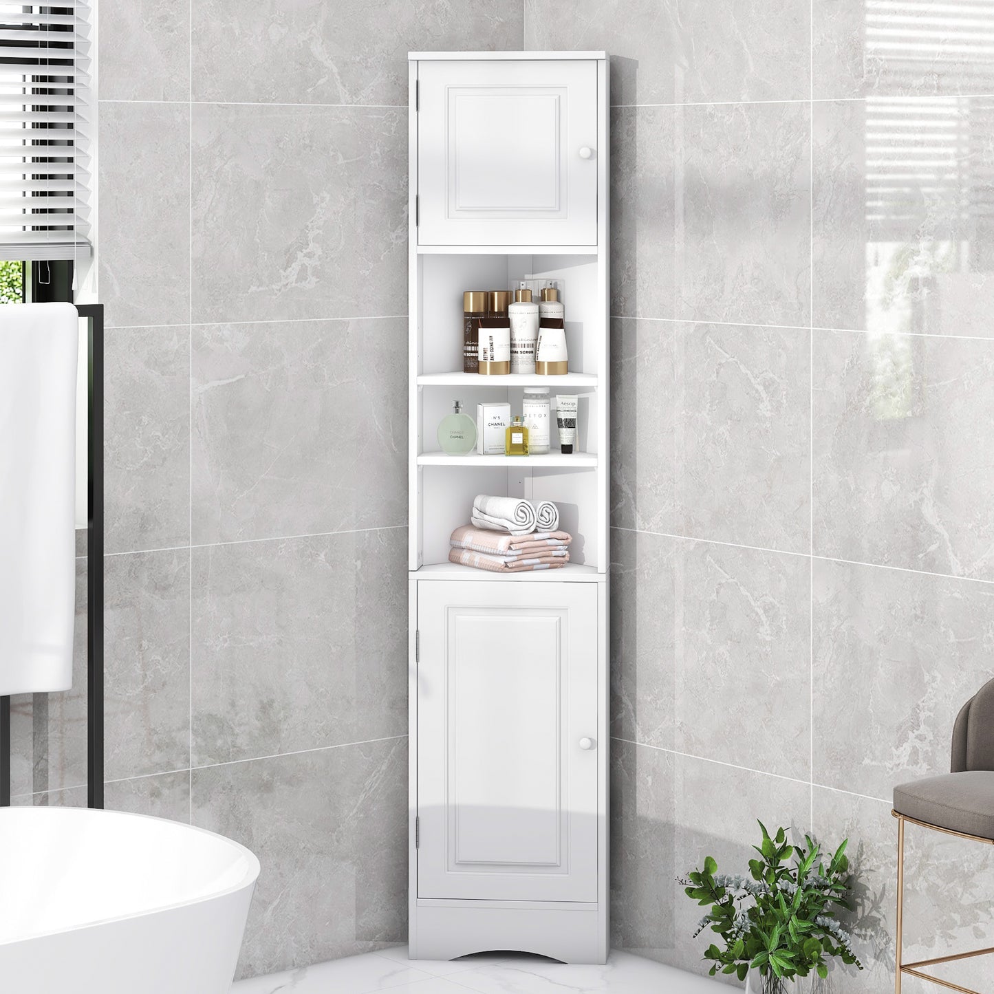 Tall Corner Bathroom Storage Cabinet with Adjustable Shelves - White