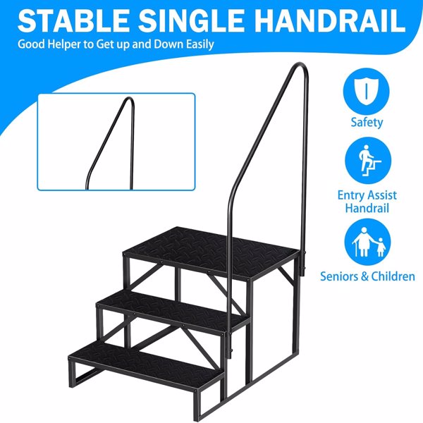 3-Step RV Ladder Stool with Handrail - Heavy Duty, Black